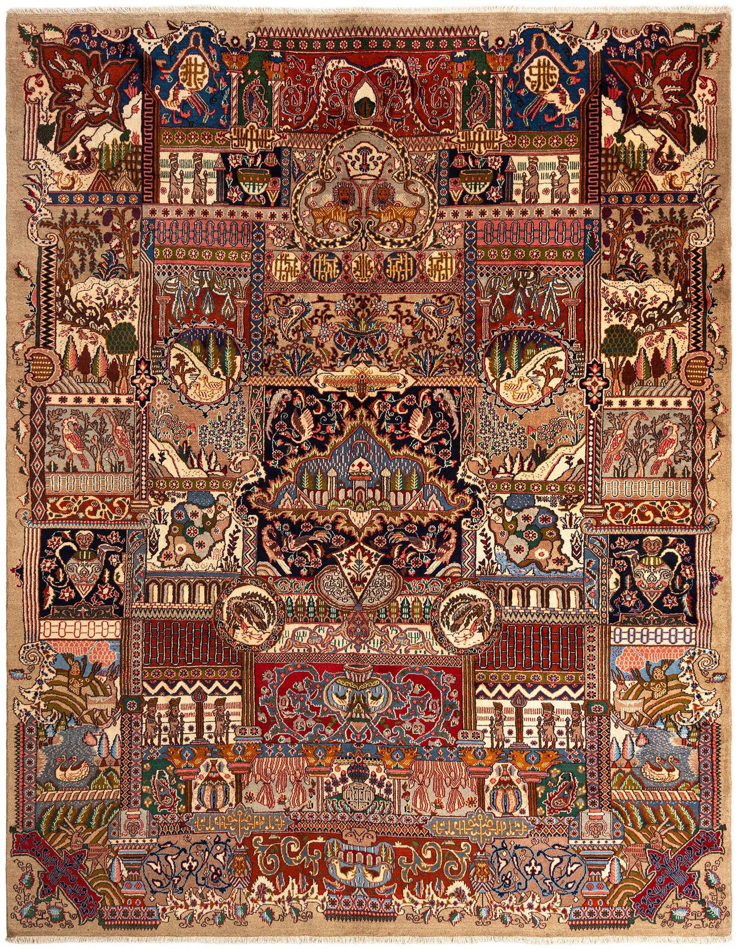 A 9x12 rectangular Kashmar Persian rug featuring intricate, multicolored traditional patterns with dominant browns and tans, ideal for a living room.