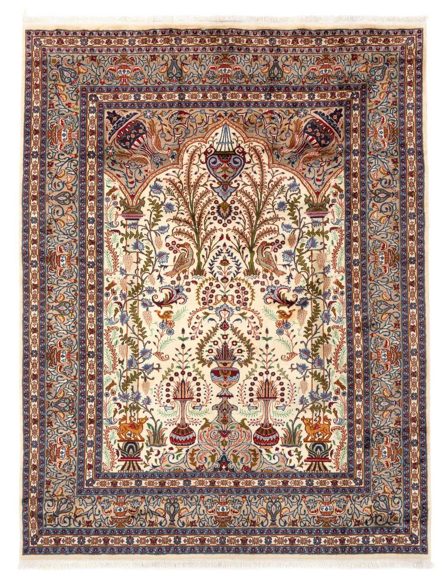 An 8x11 rectangular Kashmar Persian rug with a cream field, intricate floral, bird, and vase motifs, and a multi-bordered design in browns, blues, and reds.