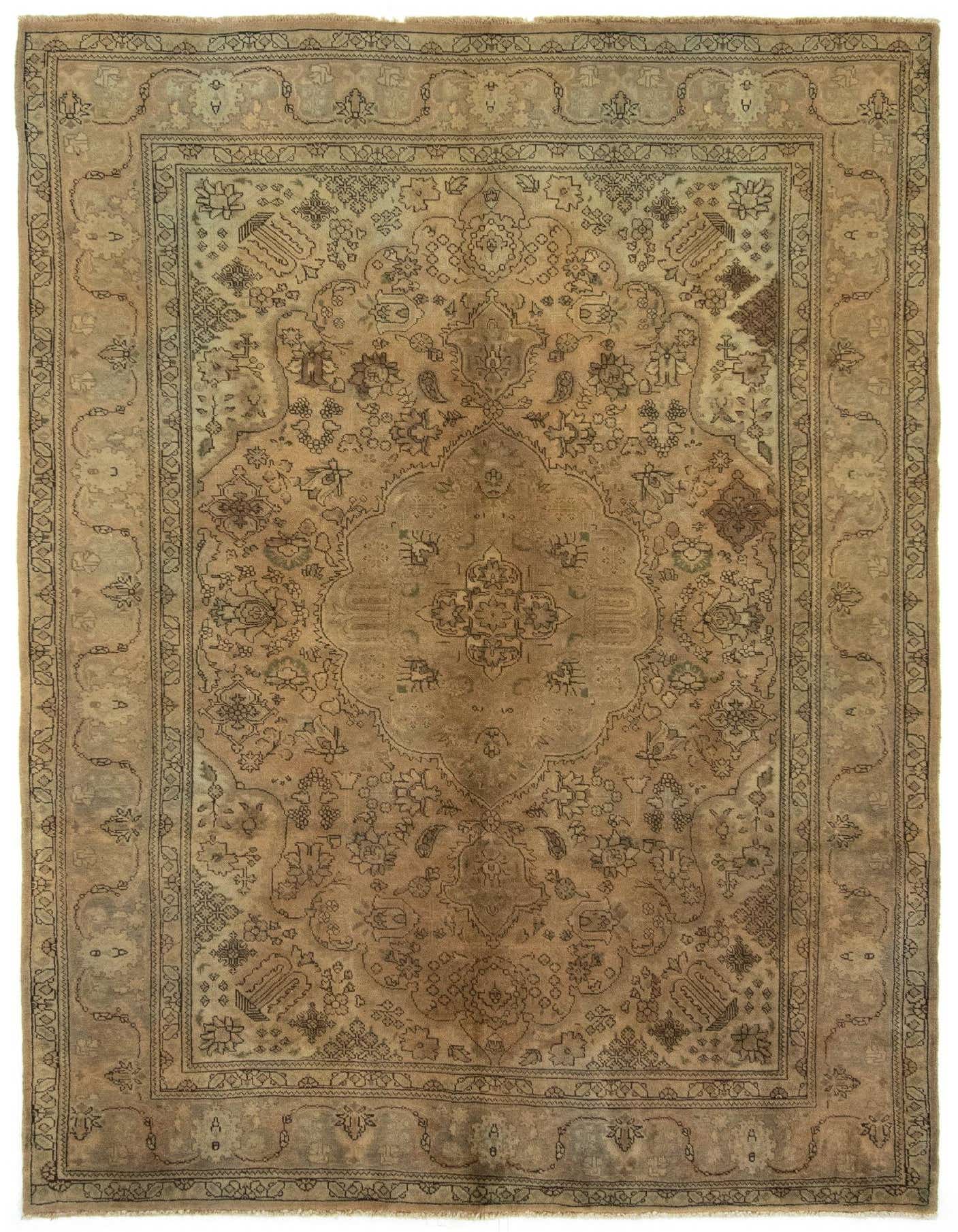 A 7x10 rectangular Kashmar Persian wool rug in shades of brown and tan, featuring an intricate floral medallion pattern.