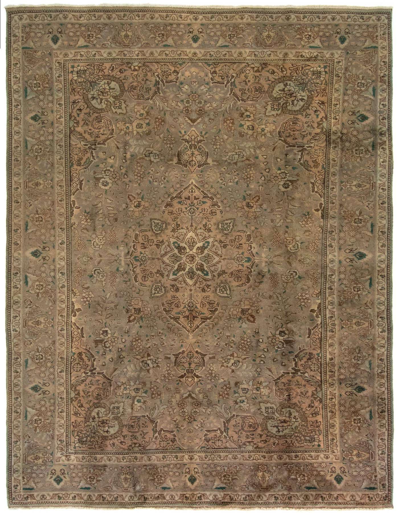 An 8x11 rectangular Kashmar Persian rug in shades of brown and tan, featuring an intricate floral medallion pattern.