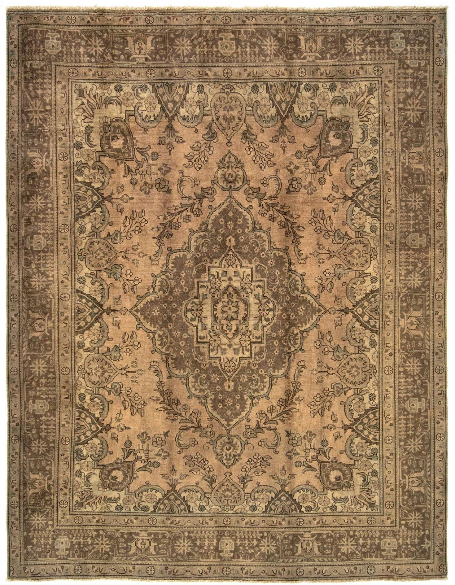 An 8x11 rectangular Kashmar Persian rug in shades of brown and tan, featuring an intricate floral medallion pattern and decorative border.