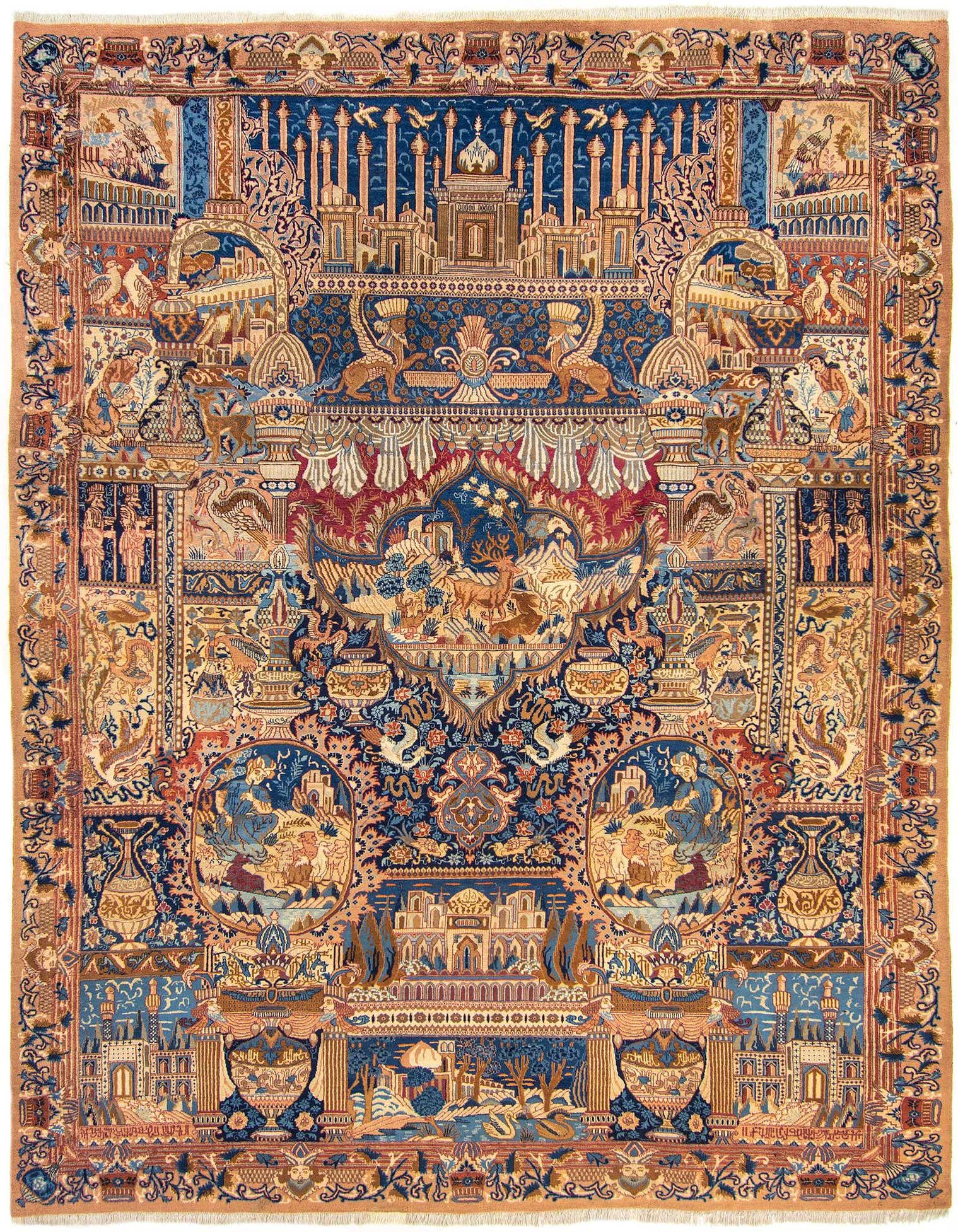 A large 10x13 rectangular Persian Kashmar rug with intricate traditional patterns in shades of brown, tan, and blue.