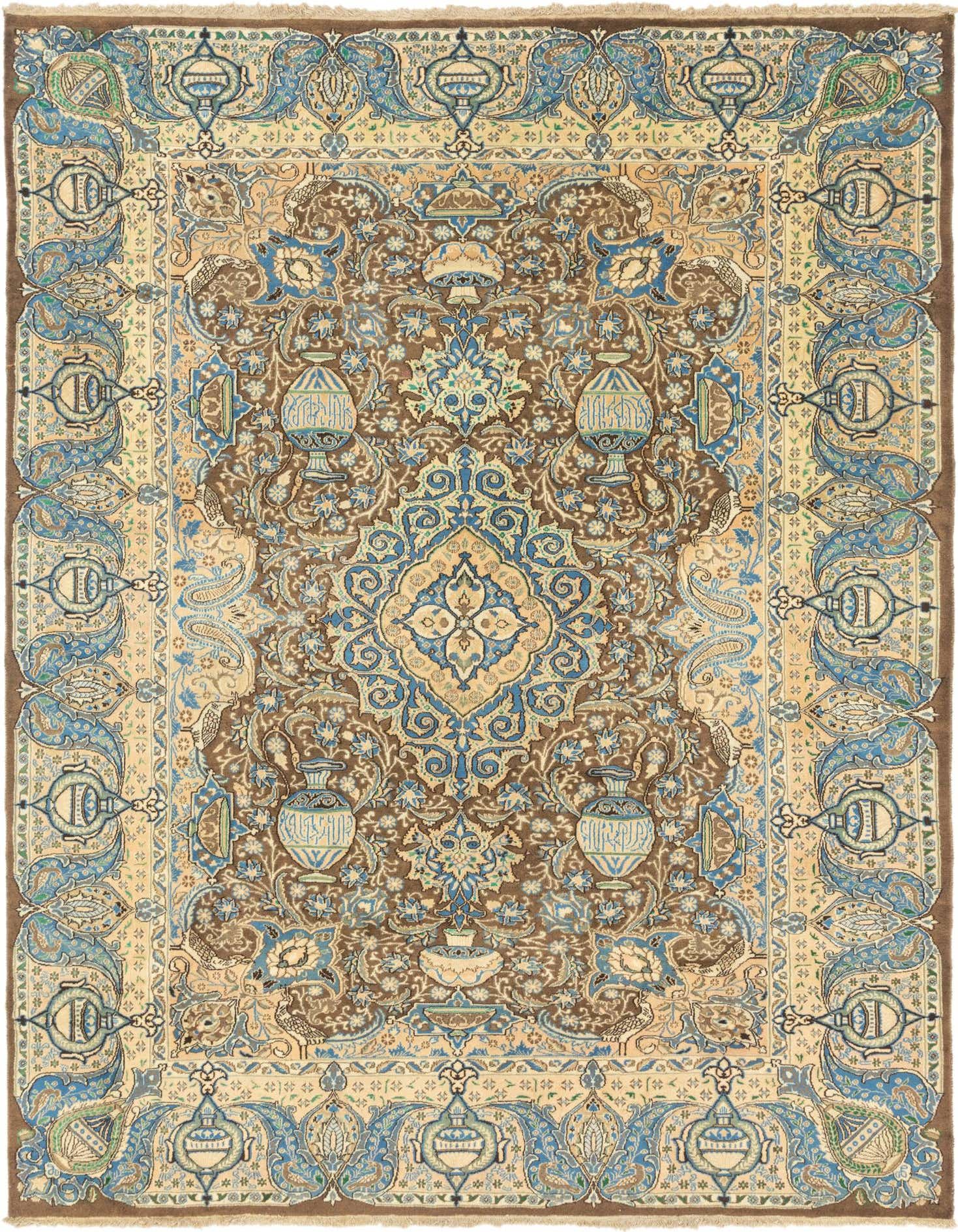 A rectangular 10x13 Kashmar Persian rug featuring a traditional botanical medallion pattern in shades of brown, tan, and blue.