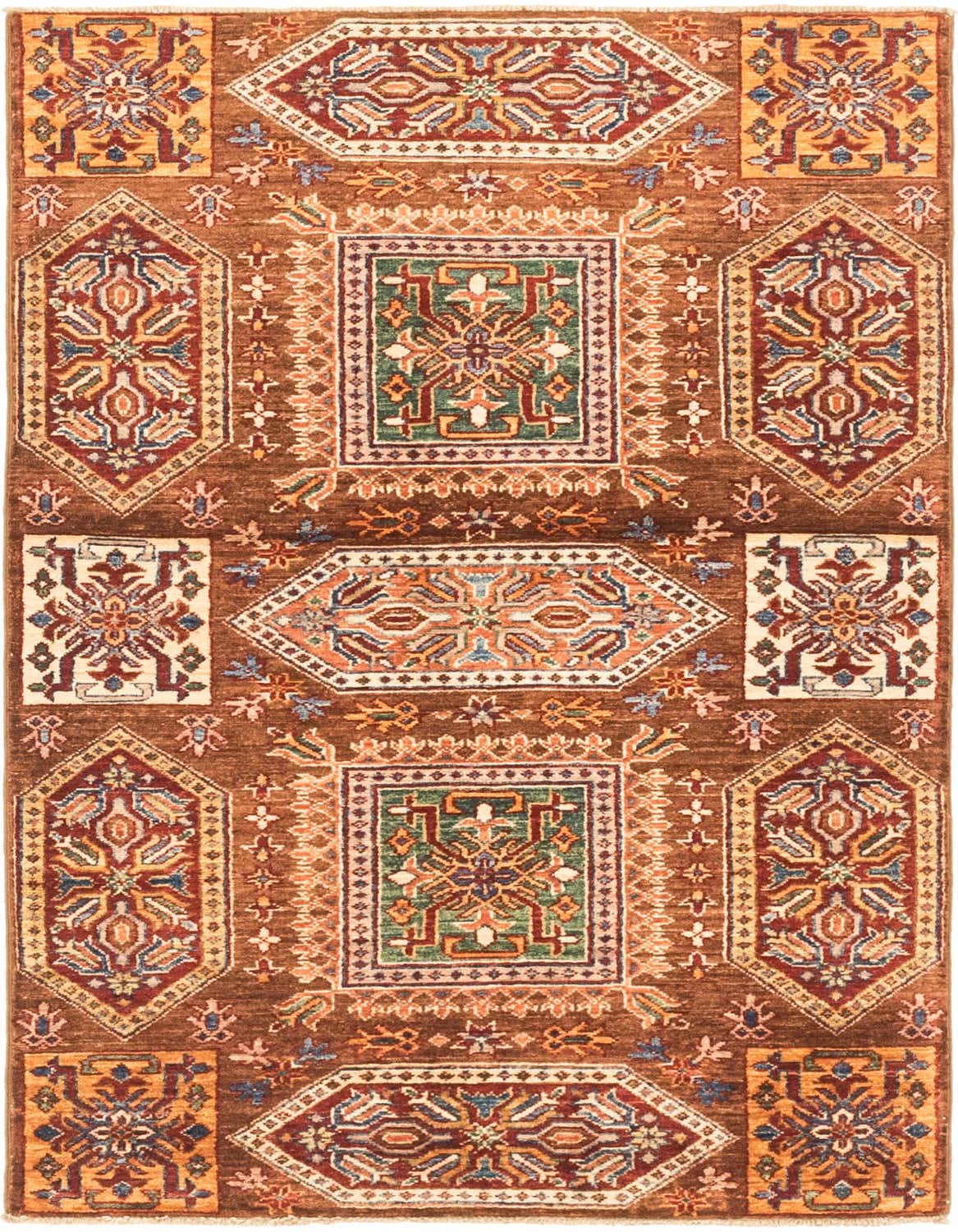 A 3x5 rectangular brown area rug with intricate traditional, tribal, and Southwestern patterns in tan, red, green, and blue.