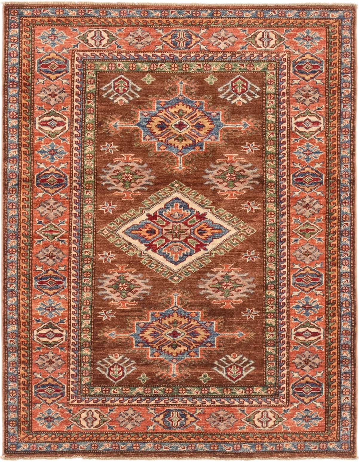 A 4x6 rectangular brown Kazak rug with traditional Southwestern and Oriental patterns in blues, reds, and creams.