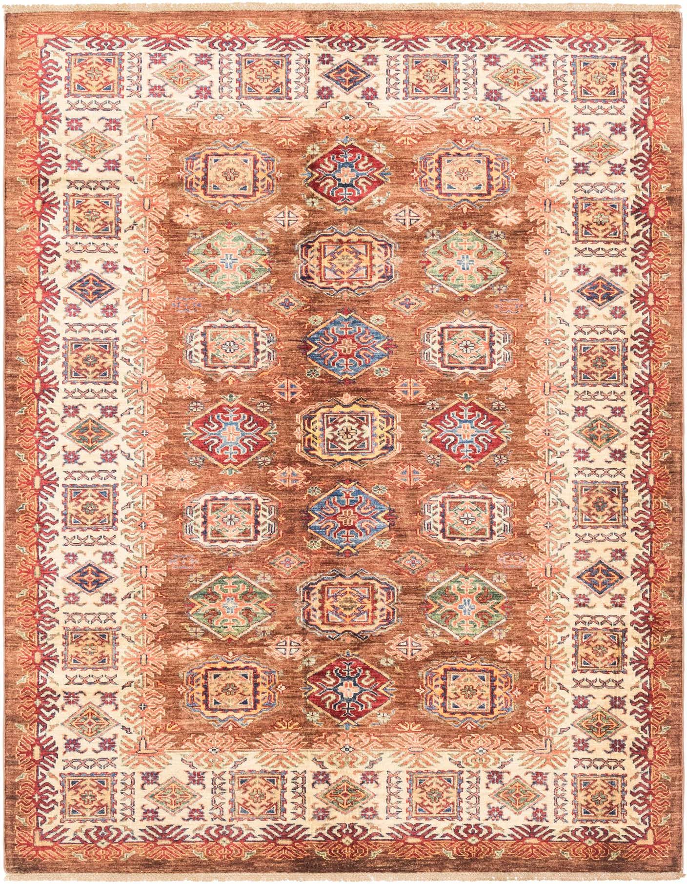 A 6x9 rectangular brown and tan wool rug with a traditional Southwestern tribal pattern and colorful medallions.