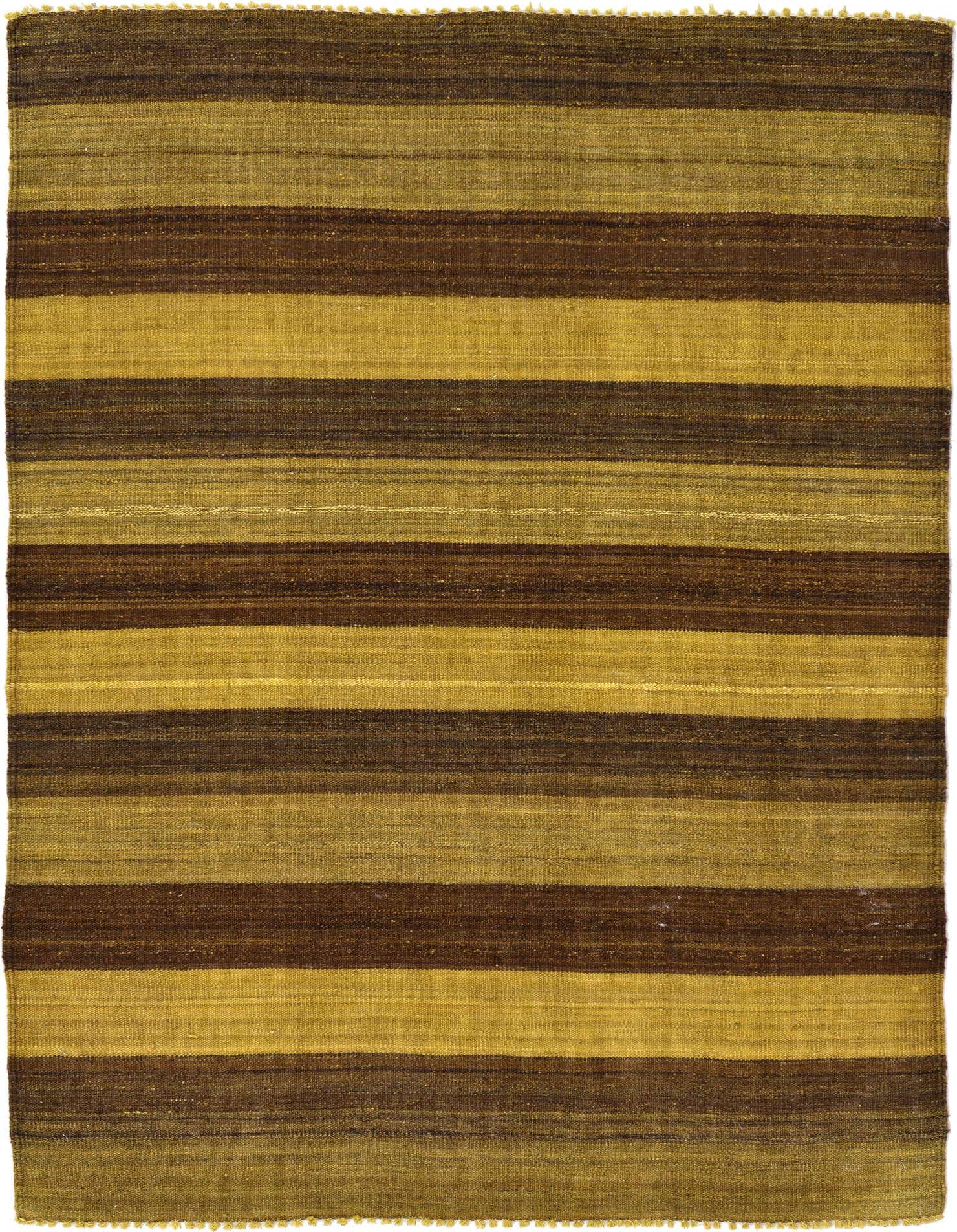 A 4x6 rectangular Kilim Afghan rug with horizontal stripes in varying shades of brown and tan, showcasing its flatweave texture.