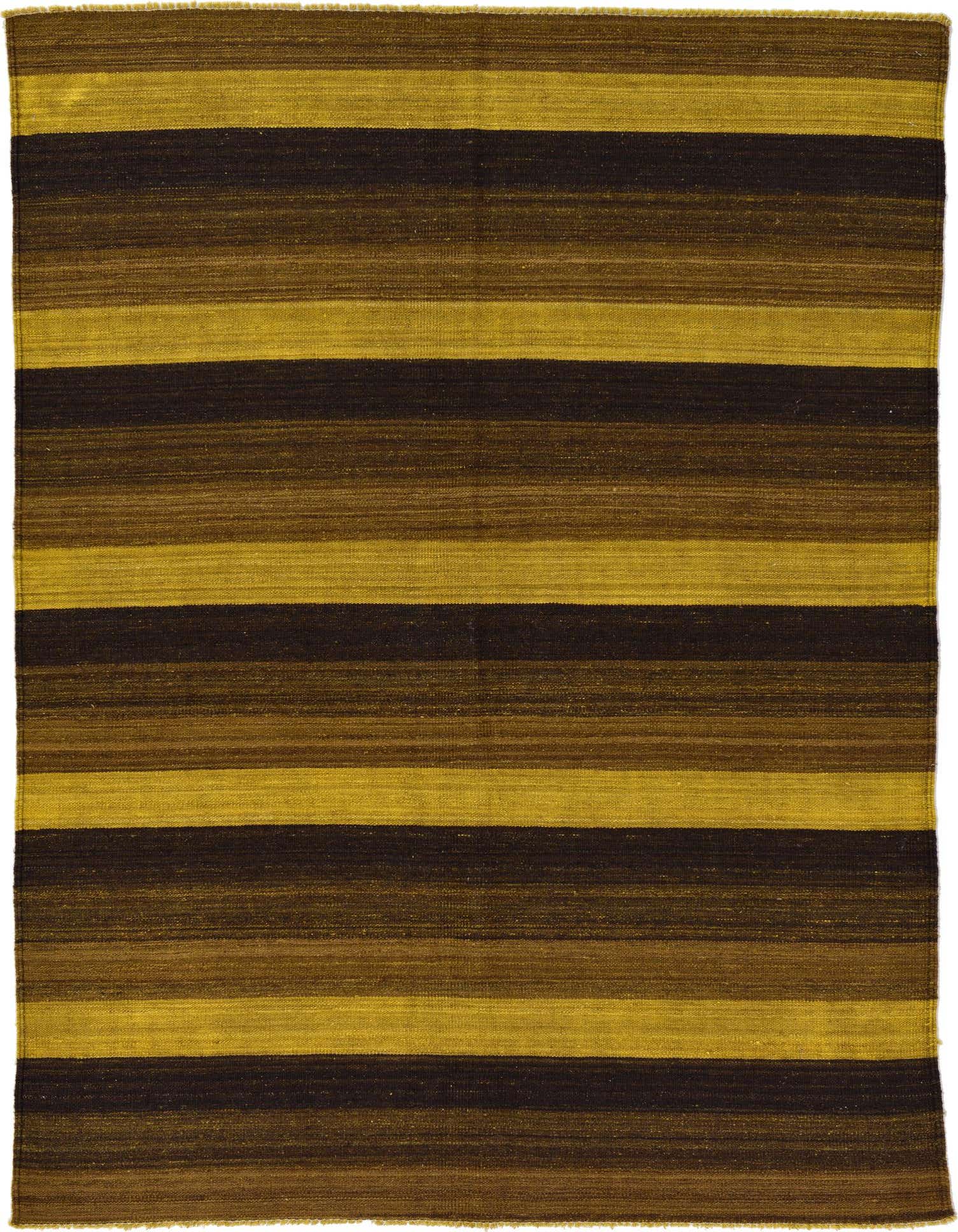 A 5x7 rectangular Kilim Afghan rug with horizontal stripes in varying shades of brown and tan, showcasing its flatweave texture.