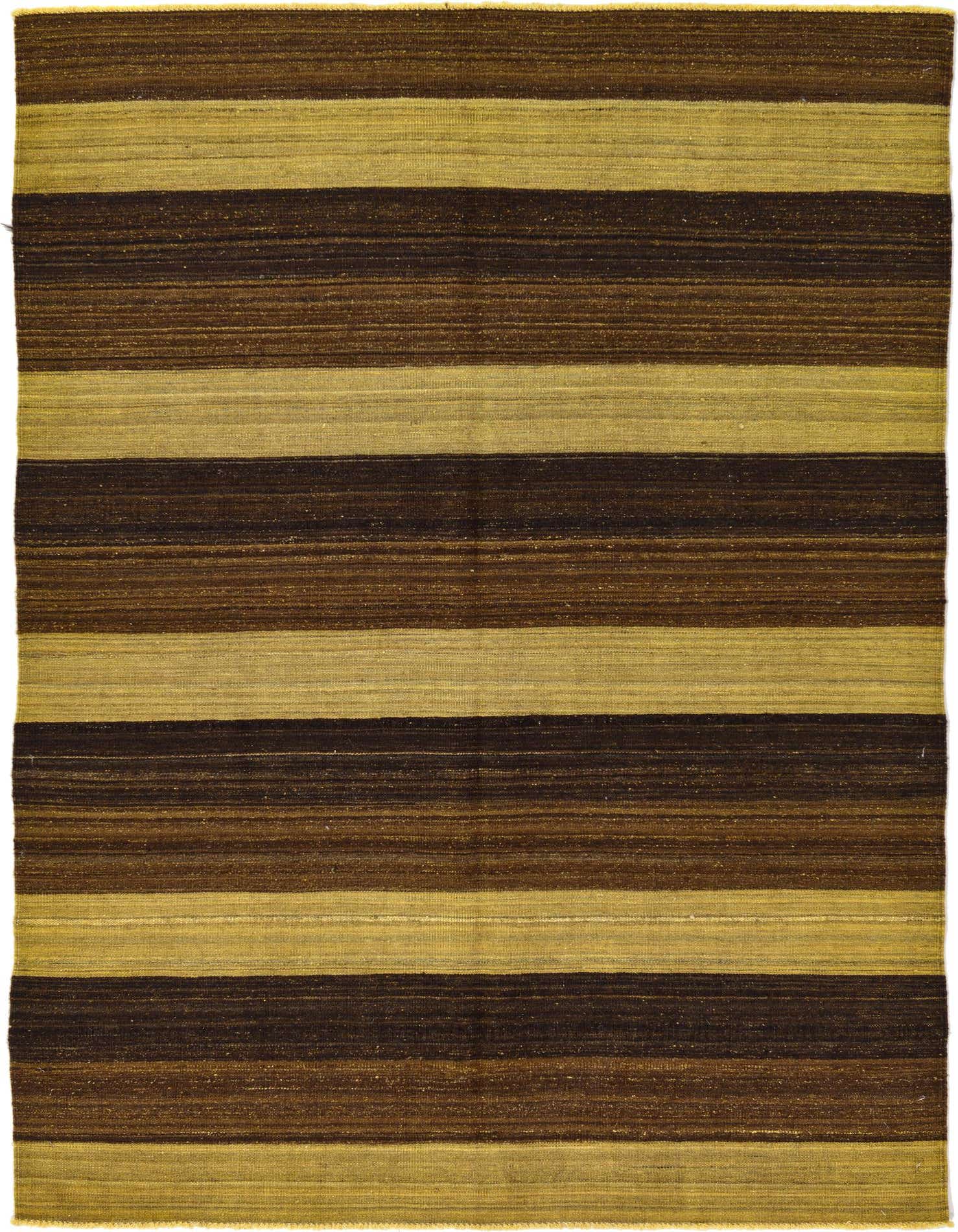 A 5x7 rectangular Kilim Afghan rug with horizontal stripes in varying shades of brown and tan, showcasing its flatweave texture.