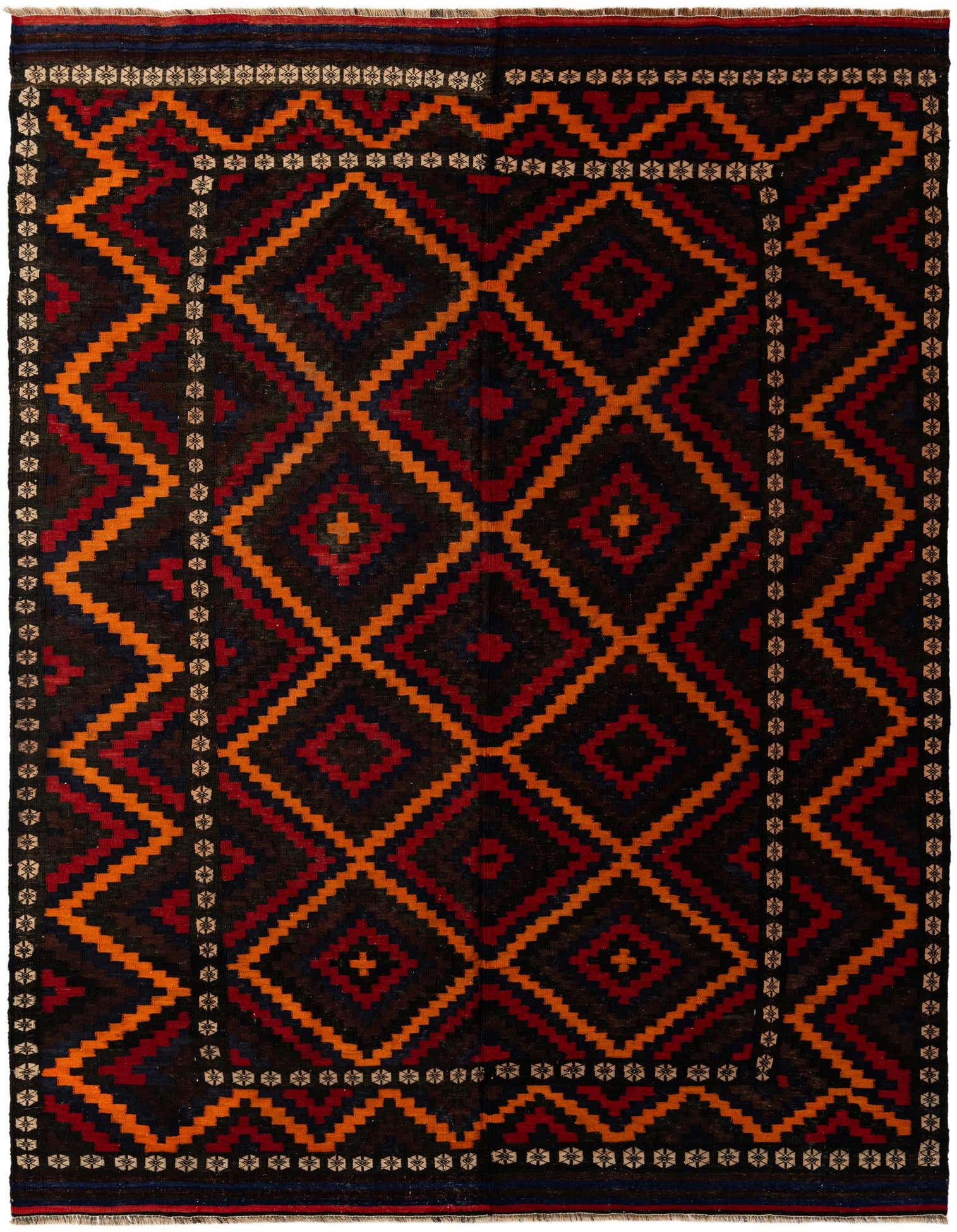 A rectangular 8x10 Kilim Afghan flatweave rug featuring a tribal geometric pattern in shades of brown, tan, and red.