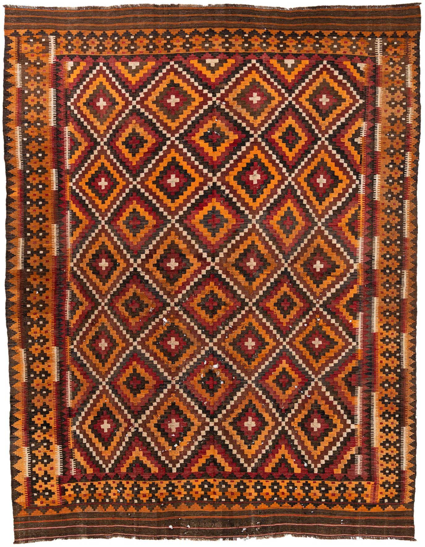 A 9x12 rectangular Kilim Afghan rug with a tribal geometric pattern in shades of brown, tan, orange, and red.