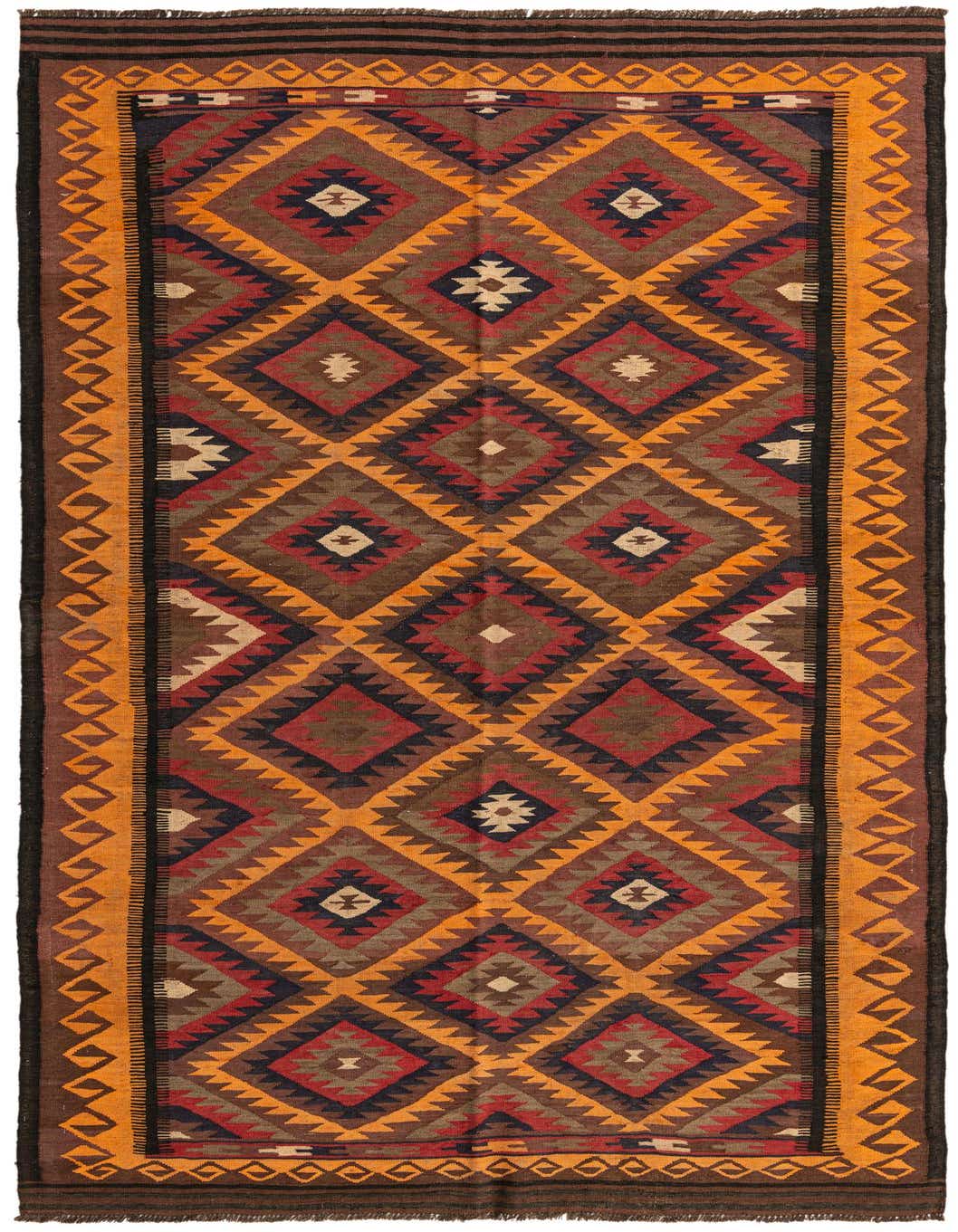 A 5x8 rectangular Kilim Fars rug with a tribal Persian pattern in shades of brown, tan, orange, red, and navy.