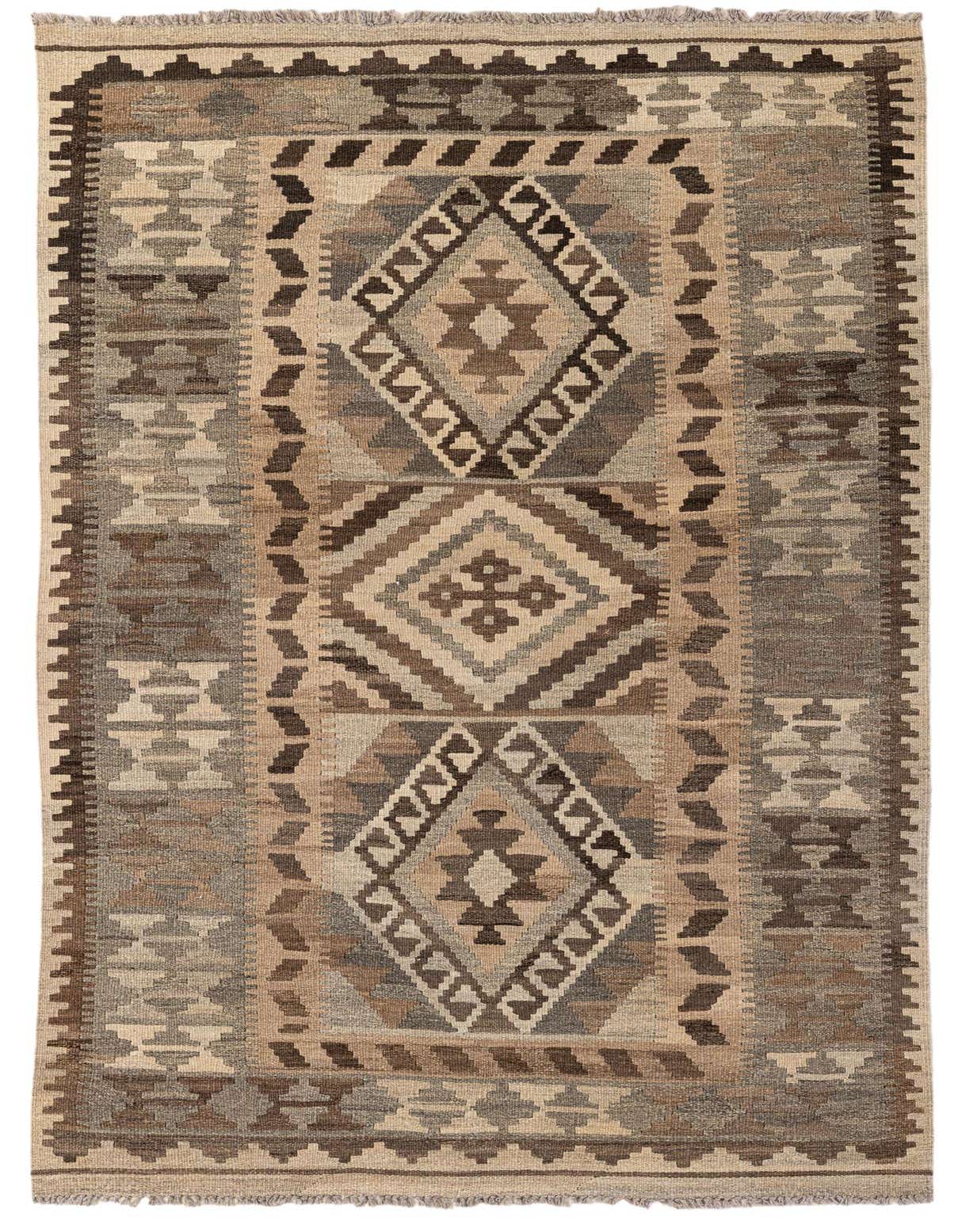 A 4x6 rectangular Kilim Maymana rug featuring a tribal geometric pattern in various shades of brown and tan, with a flatweave texture.