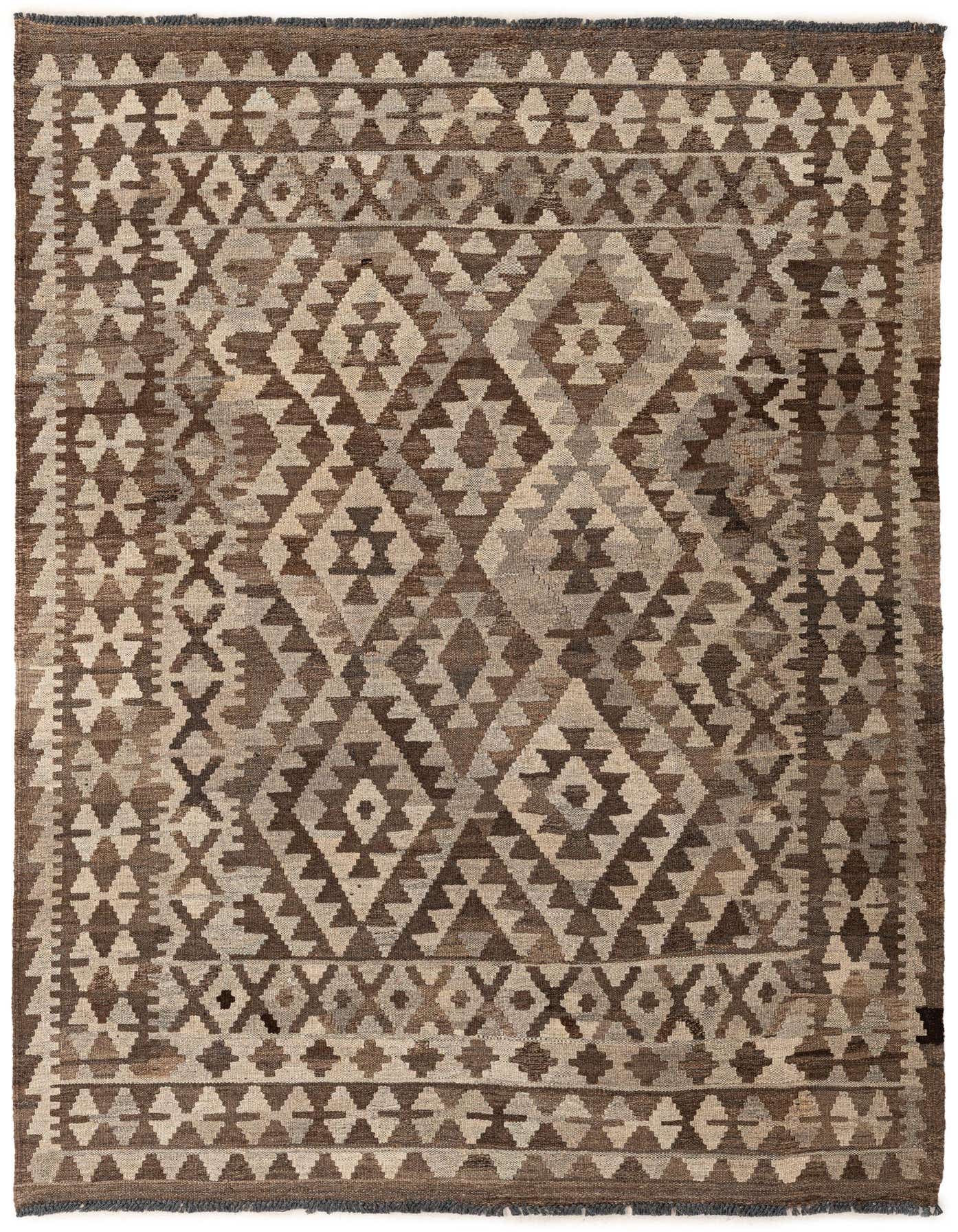 A 4x6 rectangular Kilim Maymana rug featuring a tribal geometric pattern in varying shades of brown and tan.
