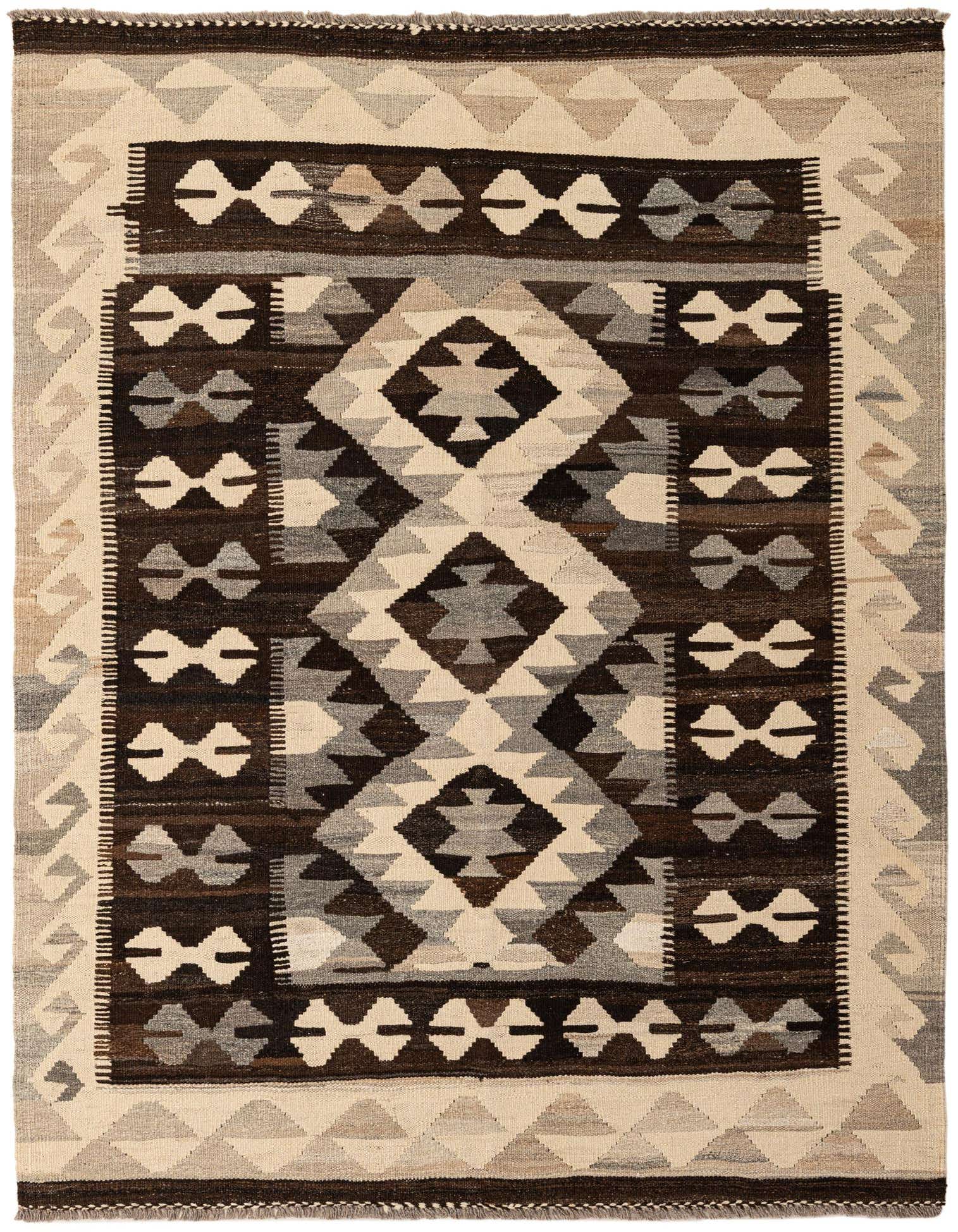 A 5x7 rectangular Kilim Maymana rug featuring a tribal geometric pattern in shades of brown, tan, and cream.