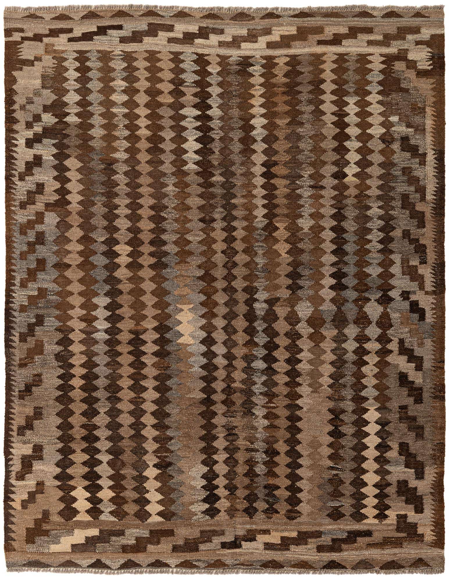 A 5x7 rectangular Kilim Maymana rug featuring a tribal stripe pattern in various shades of brown and tan.