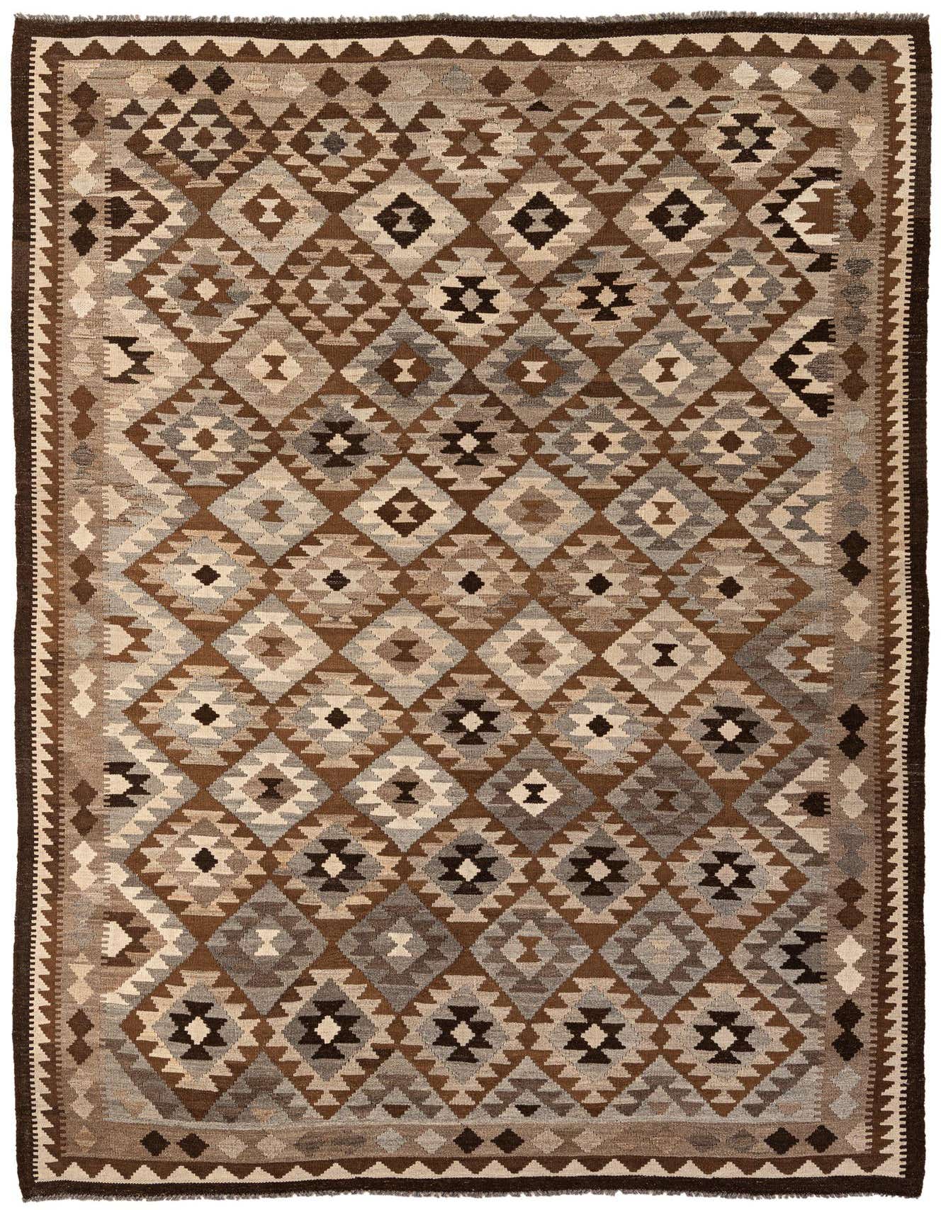 A 6x9 rectangular Kilim Maymana rug featuring a tribal geometric diamond pattern in varying shades of brown, tan, and gray.