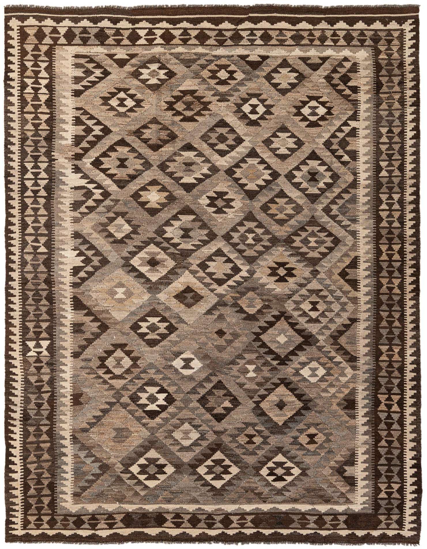 A 6x9 rectangular Kilim Maymana rug featuring a tribal geometric pattern in varying shades of brown and tan.