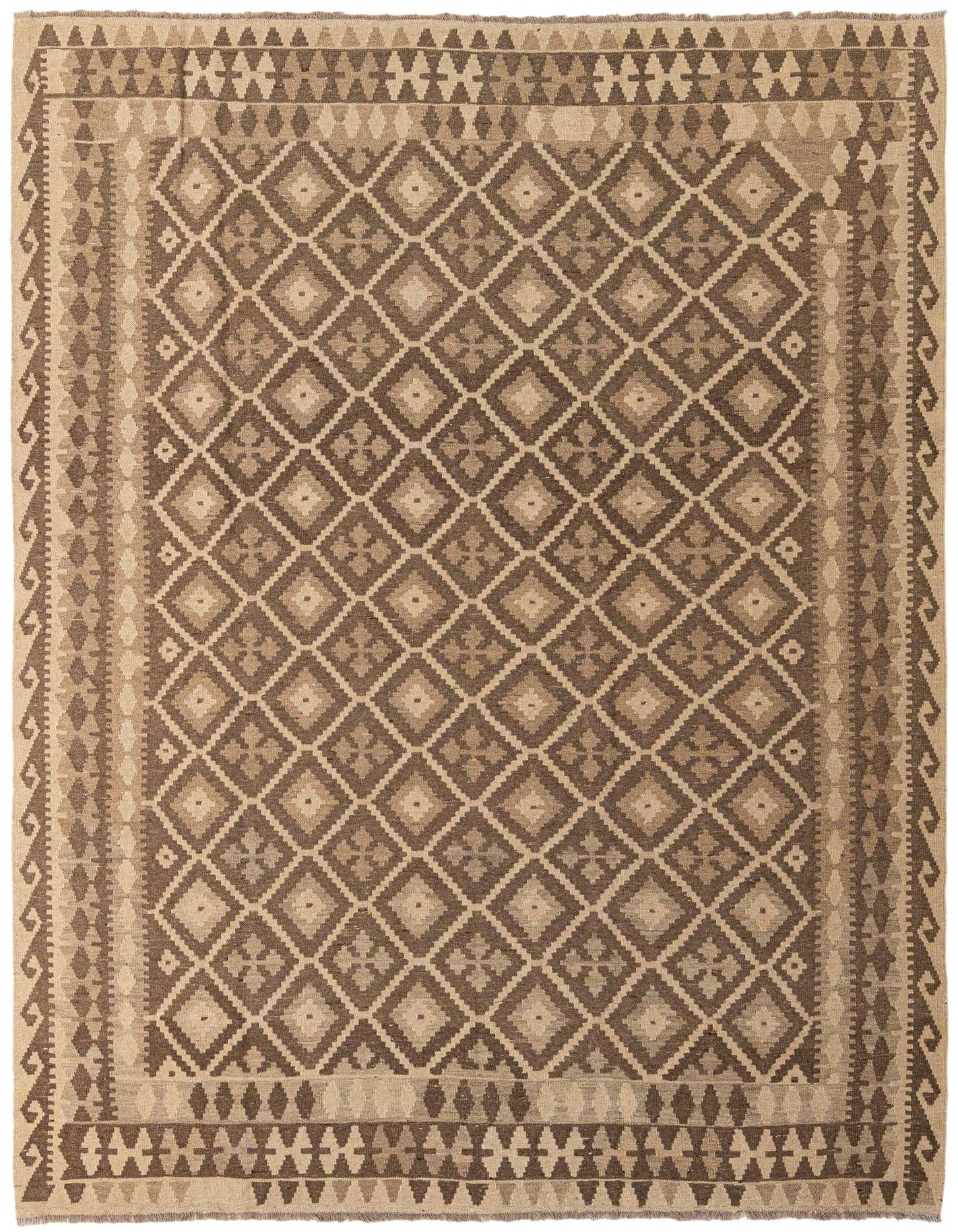 A 7x10 rectangular brown and tan tribal flatweave wool rug with a diamond pattern and decorative border.