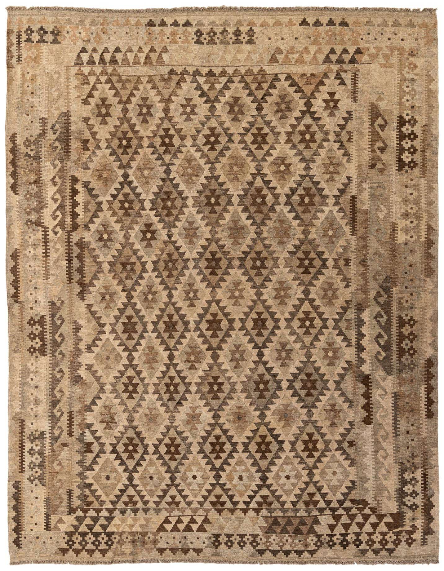 A 7x10 rectangular flatweave Kilim Maymana rug featuring a tribal geometric pattern in varying shades of brown and tan.