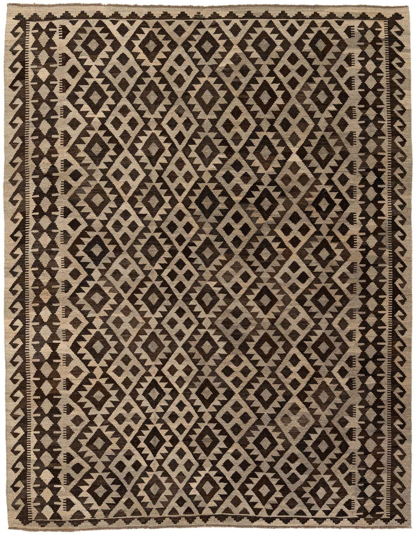A 7x10 rectangular Kilim Maymana rug featuring a tribal diamond pattern in various shades of brown and tan.