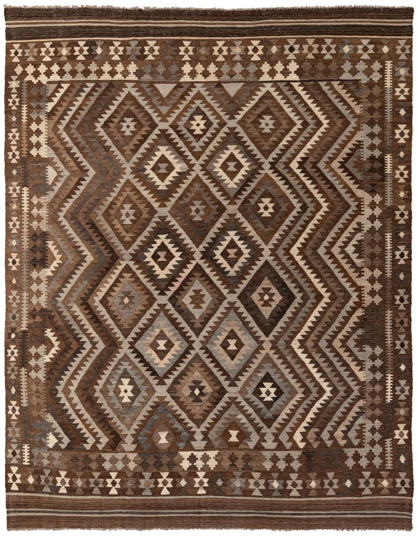 A 7x10 rectangular Kilim Maymana rug featuring a tribal diamond pattern in various shades of brown and tan.