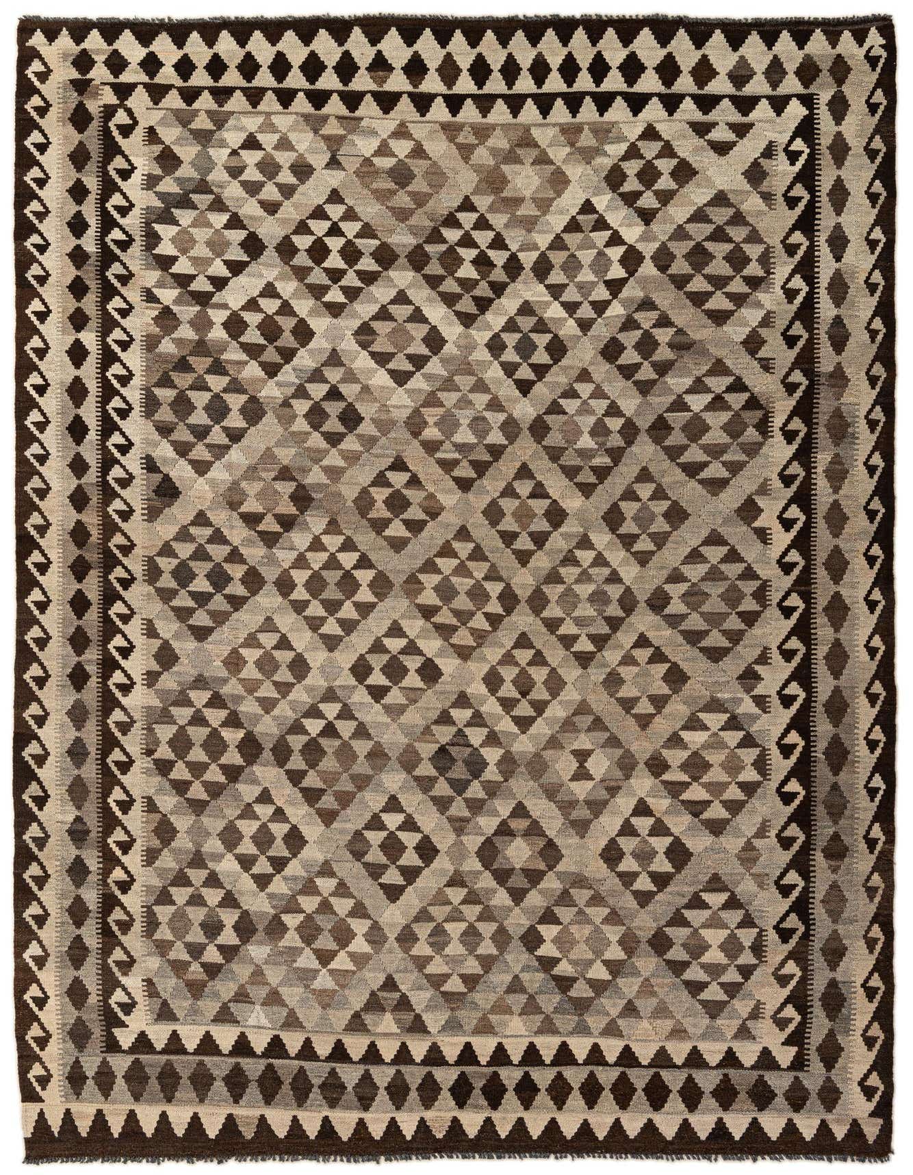 A 7x10 rectangular flatweave Kilim Maymana rug featuring a tribal geometric pattern in shades of brown and tan.