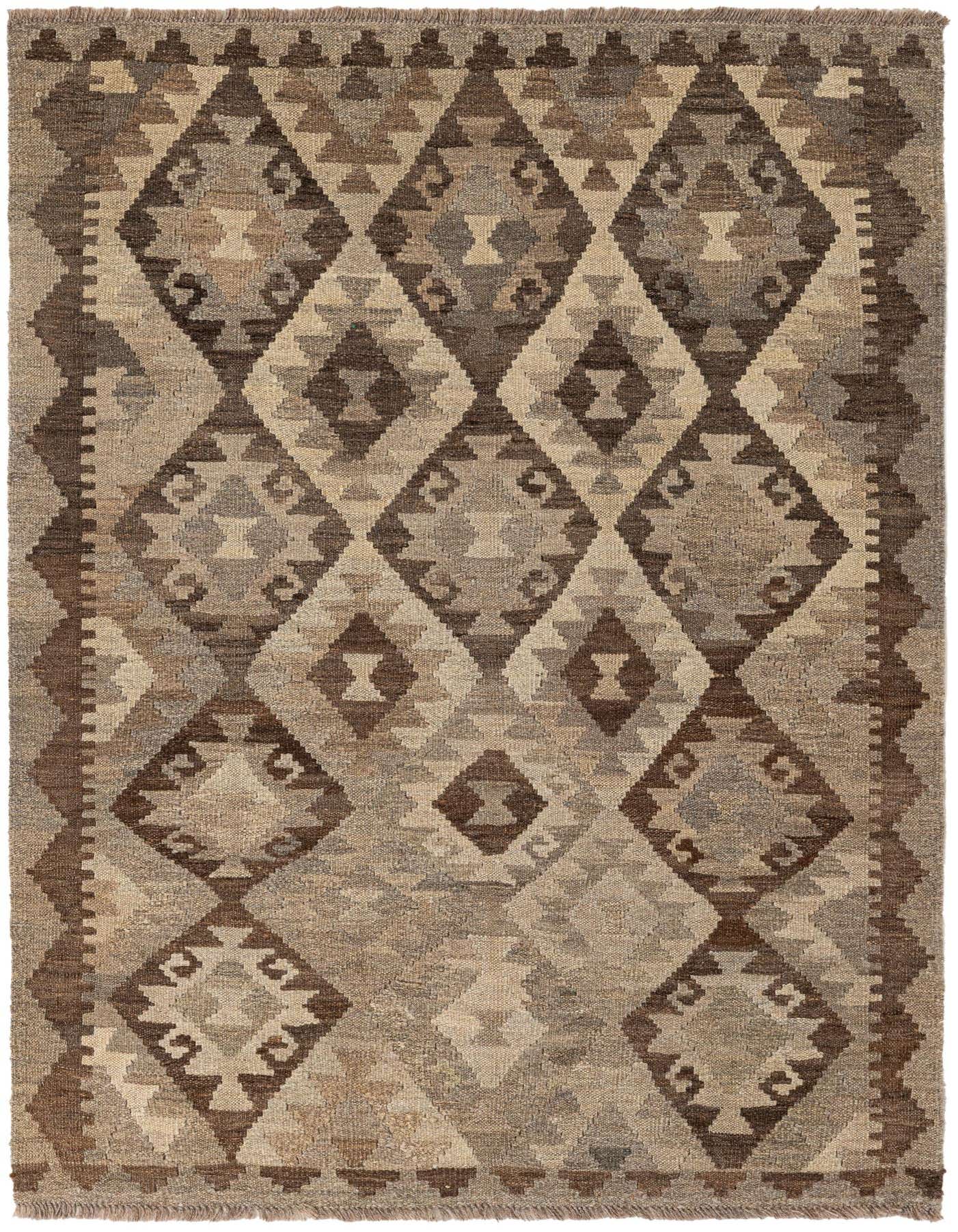 A rectangular 3x5 Kilim Maymana rug with a tribal geometric diamond pattern in varying shades of brown and tan.