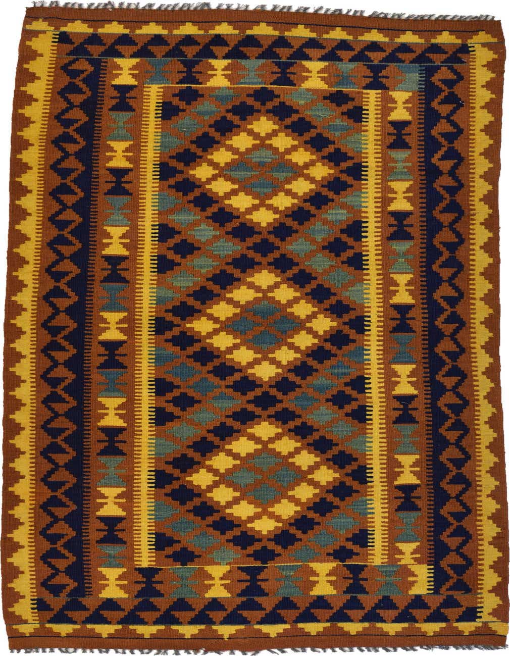 A 4x6 rectangular Kilim Maymana rug featuring a Southwestern geometric pattern in brown, tan, navy, and teal.