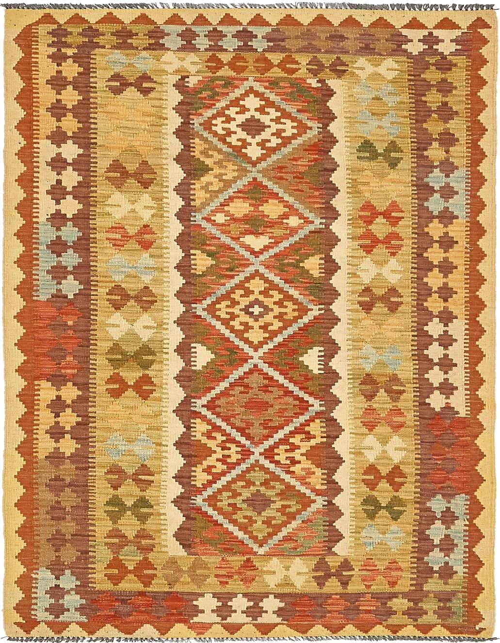 A 4x6 rectangular Kilim Maymana rug with tribal patterns in shades of brown, tan, and rust.