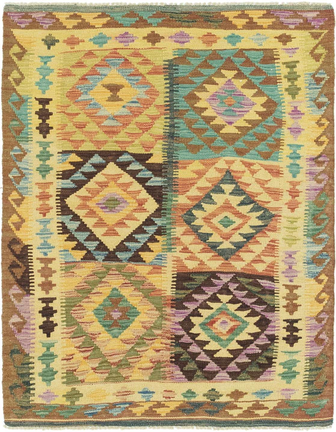 A rectangular 3x5 Kilim Maymana rug with a tribal, oriental pattern in browns, tans, and multi-colored geometric diamonds.