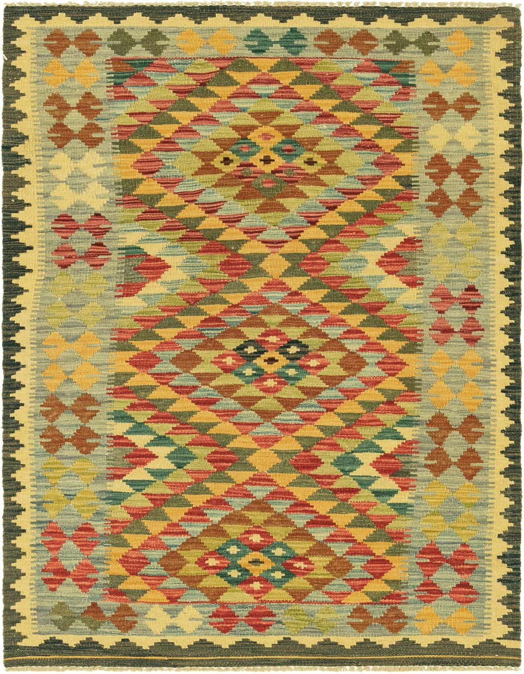 A 4x6 rectangular Kilim Maymana rug with a tribal, oriental pattern in browns, tans, reds, greens, and yellows.