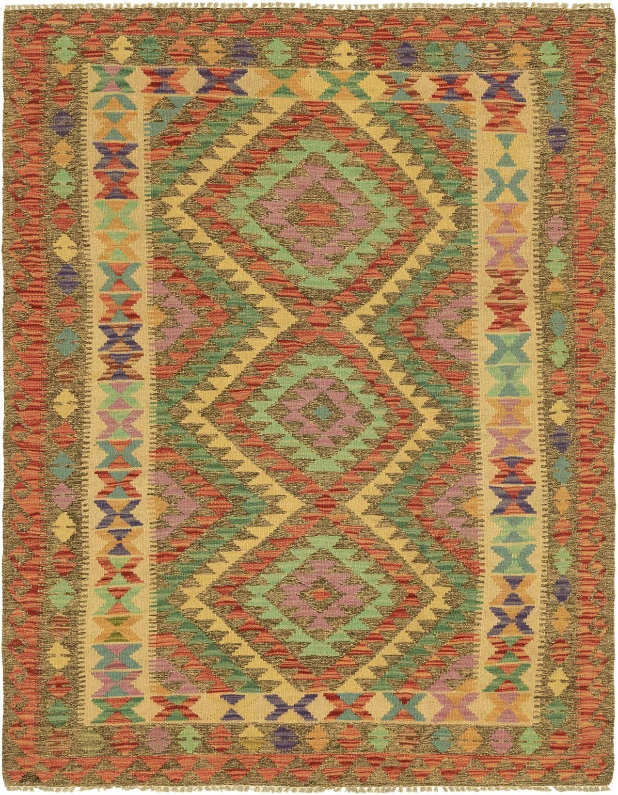 A 4x6 rectangular Kilim Maymana rug featuring a Southwestern tribal pattern in earthy browns, tans, greens, and reds, with a flatweave texture.