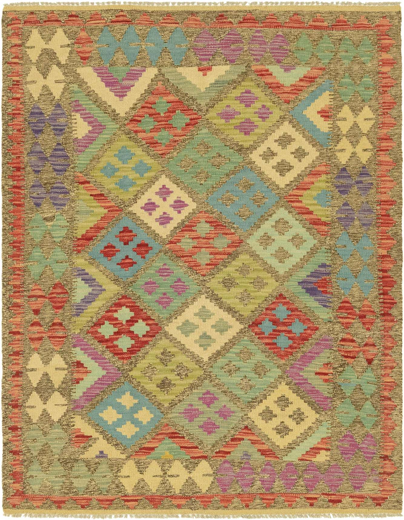 A 4x6 rectangular Kilim Maymana rug featuring a vibrant Southwestern geometric pattern in browns, tans, blues, reds, and purples.