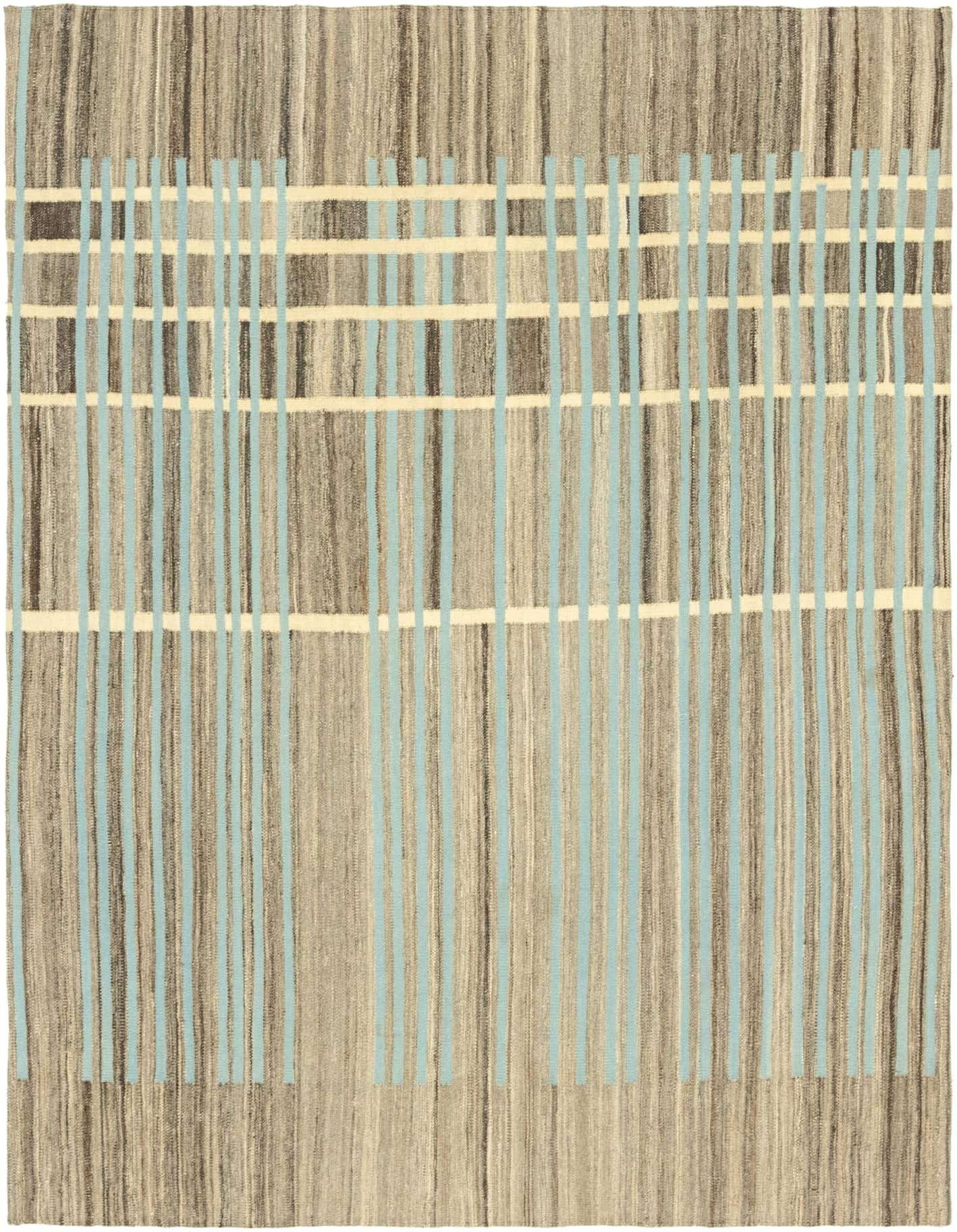 A 6x9 rectangular Kilim Modern wool rug featuring vertical brown and tan stripes with horizontal and vertical light blue and cream accents.