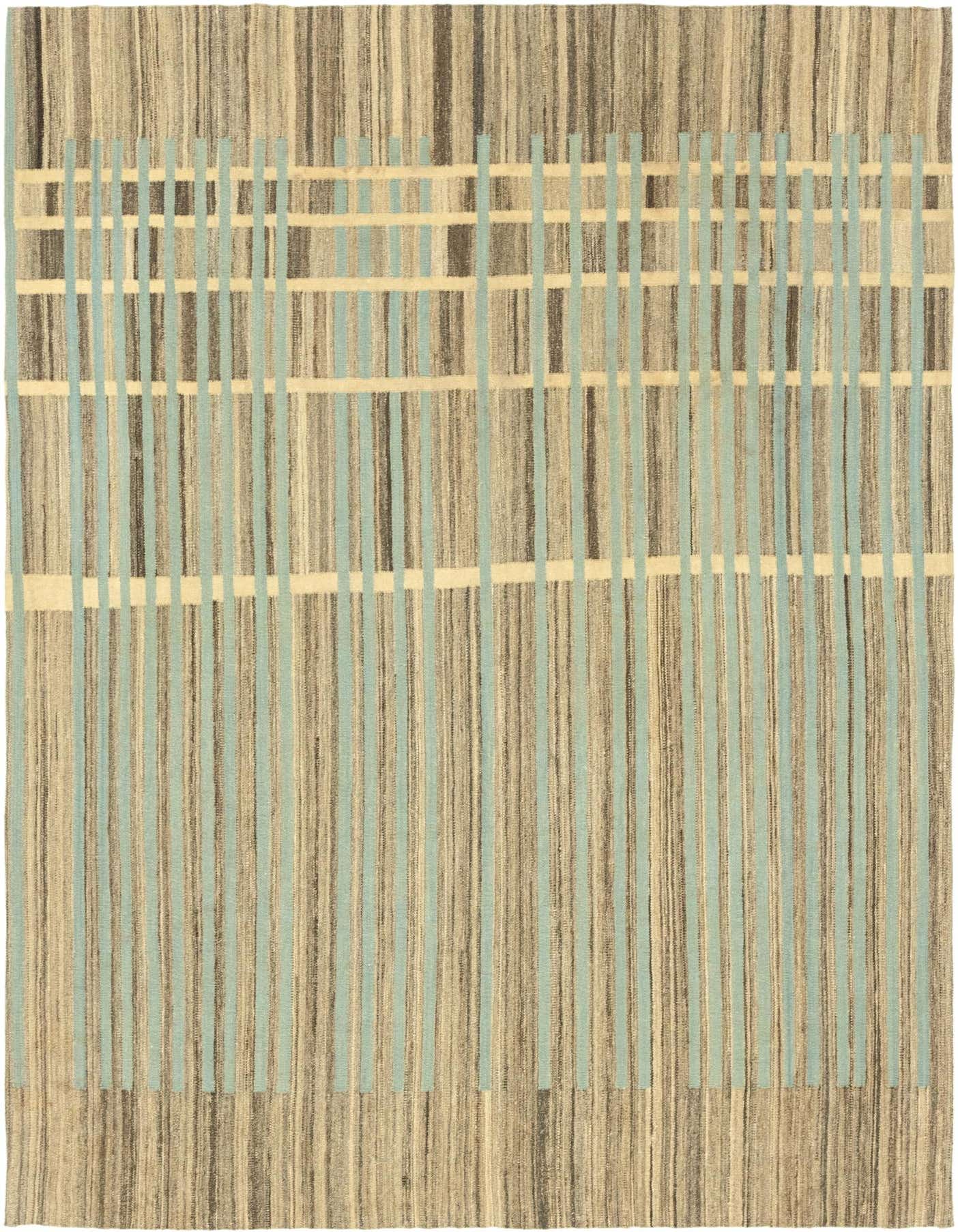 A 6x9 rectangular Kilim Modern wool rug featuring vertical stripes in varying shades of brown, tan, and black, with intermittent light blue and cream horizontal and vertical stripes.