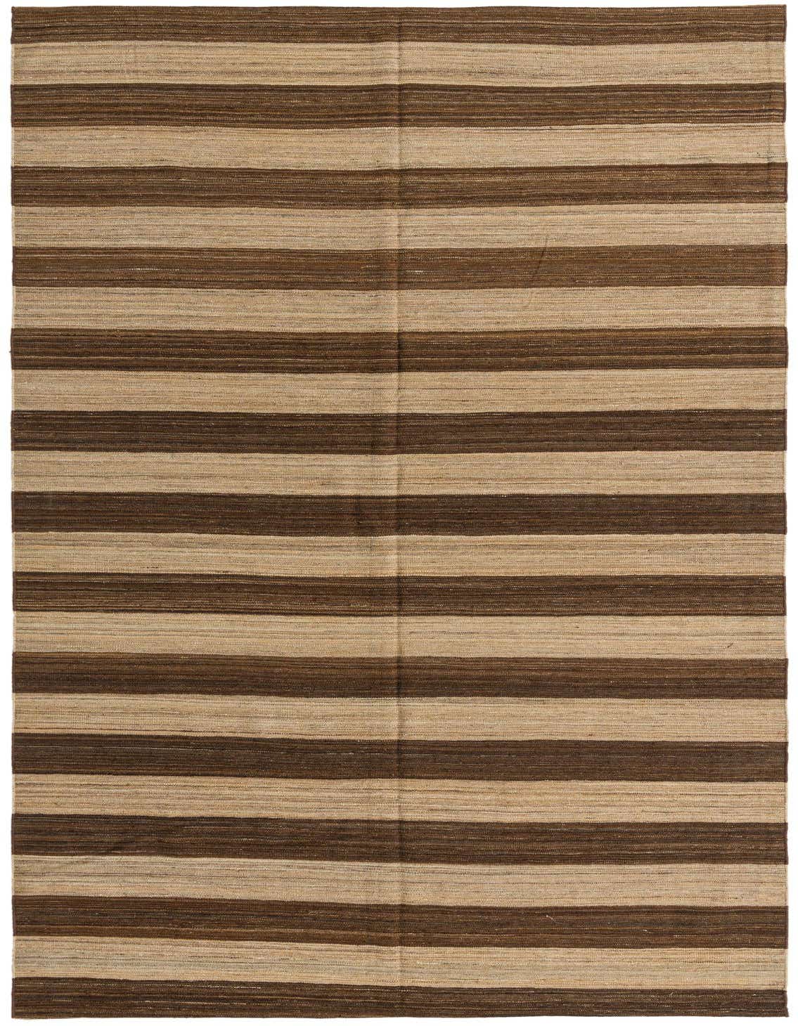 A rectangular 8x11 Kilim Modern wool rug featuring alternating horizontal stripes of various brown and tan shades, perfect for a living room.