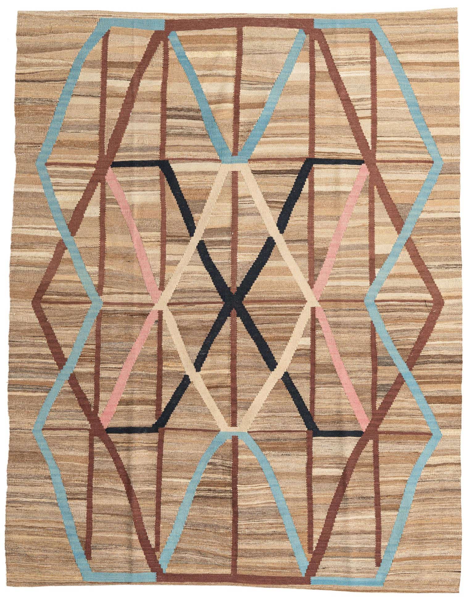 A 6x9 rectangular Kilim Modern rug with a brown and tan striped background and a geometric pattern in blue, pink, black, and cream.