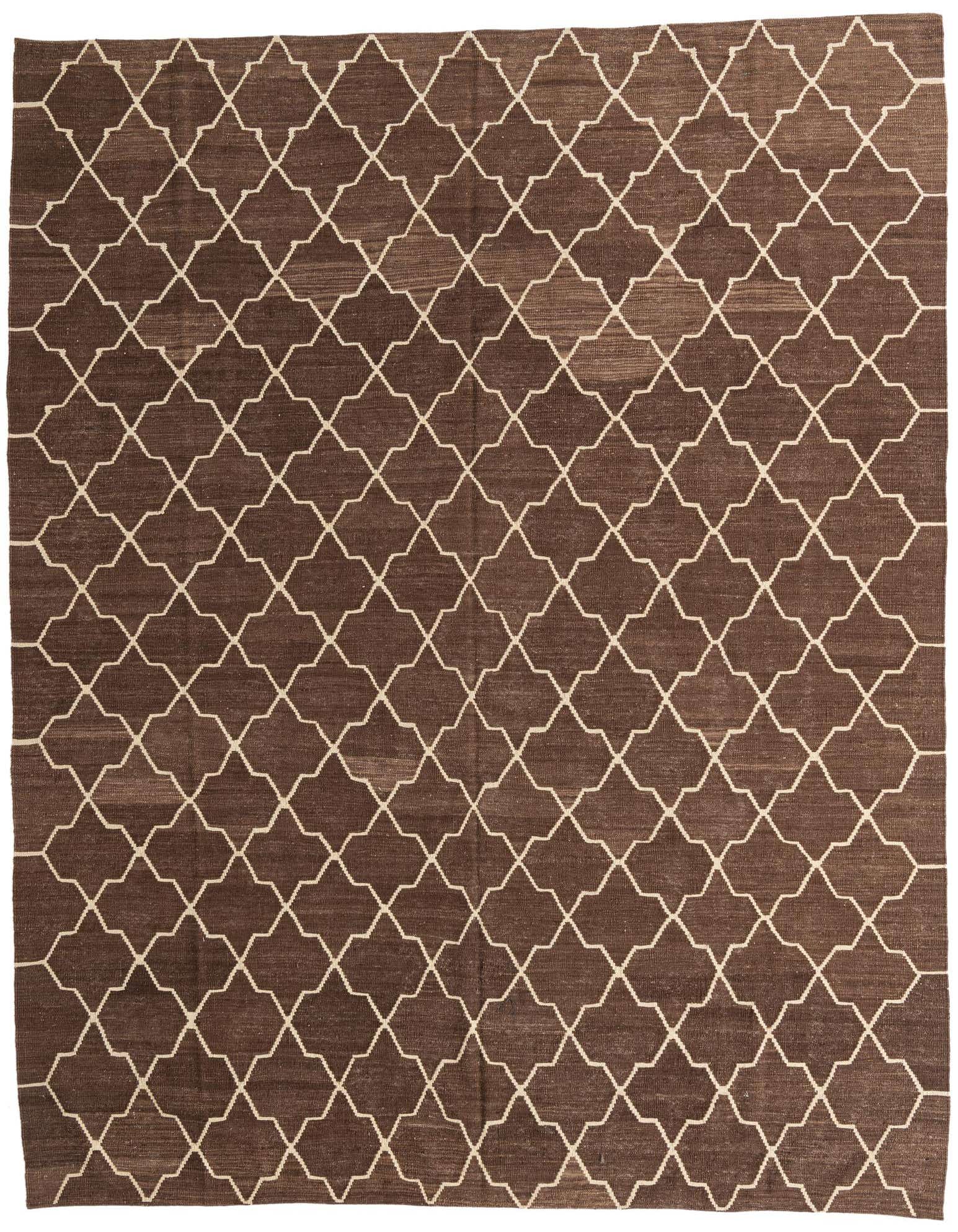 A 9x11 rectangular brown wool flatweave rug with a repeating tan tribal geometric pattern, suitable for indoor spaces.