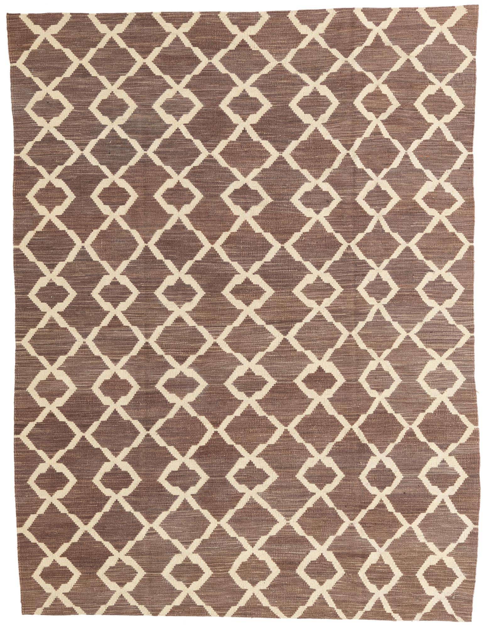 A 6x9 rectangular flatweave rug featuring a tribal diamond pattern in brown and tan, suitable for a living room.