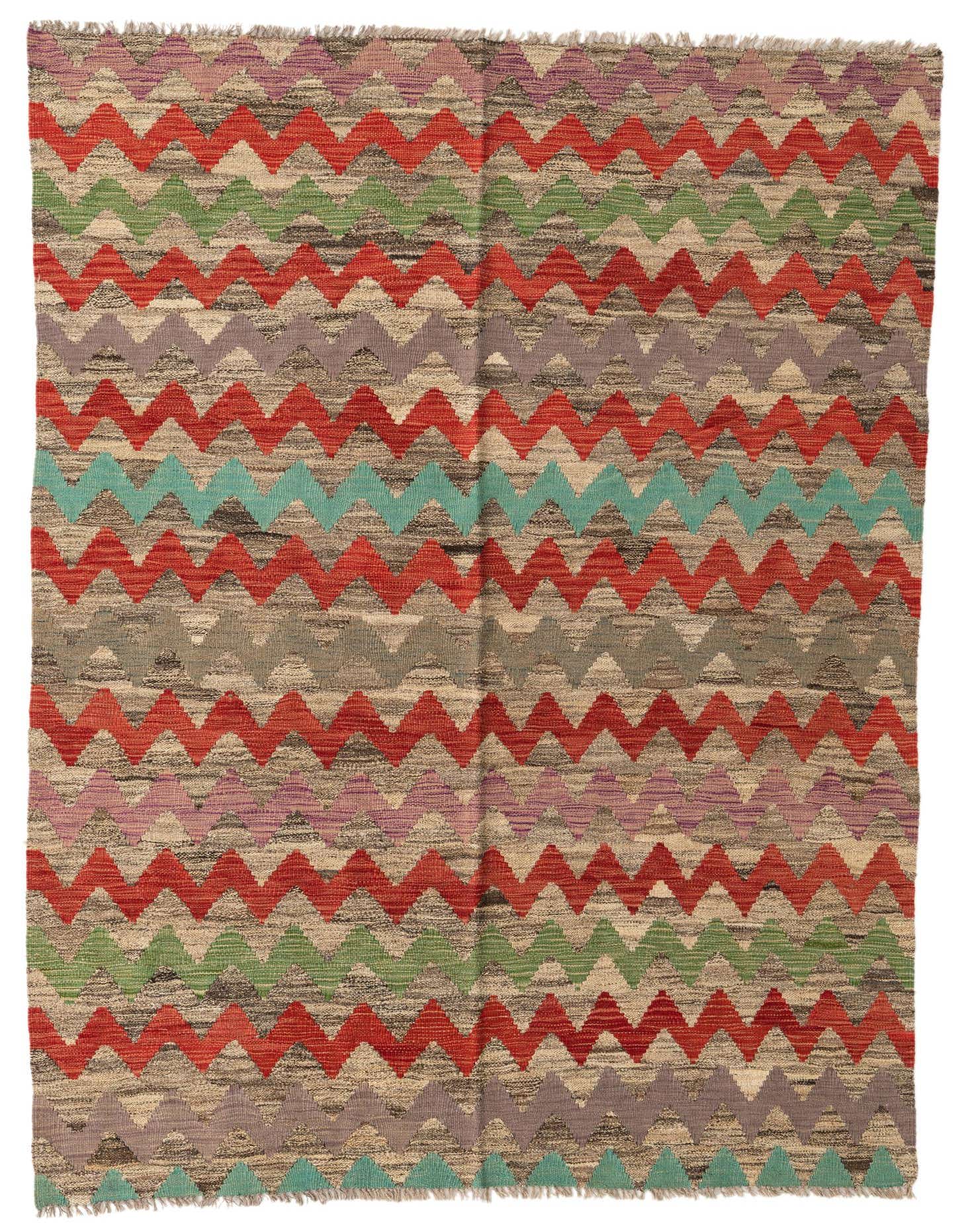 A 5x8 rectangular Kilim Modern wool rug featuring a vibrant zigzag pattern in red, green, teal, purple, and brown tones.