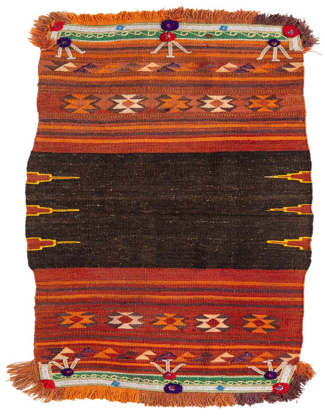 A 3x5 rectangular Kilim Modern wool rug featuring tribal patterns in browns, tans, oranges, and reds, with decorative fringe.