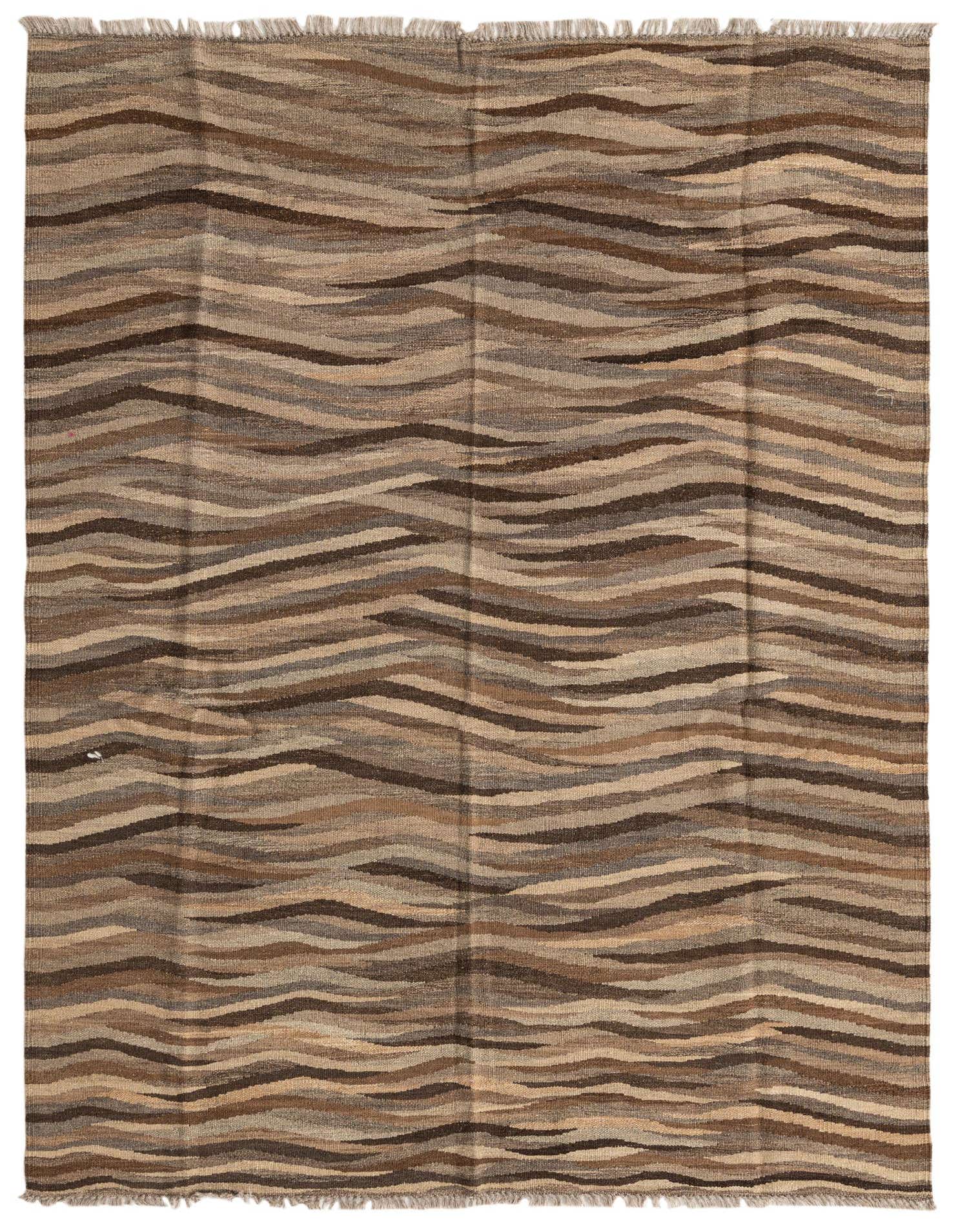 A 4x6 rectangular Kilim Modern wool rug featuring wavy, abstract stripes in varying shades of brown and tan.