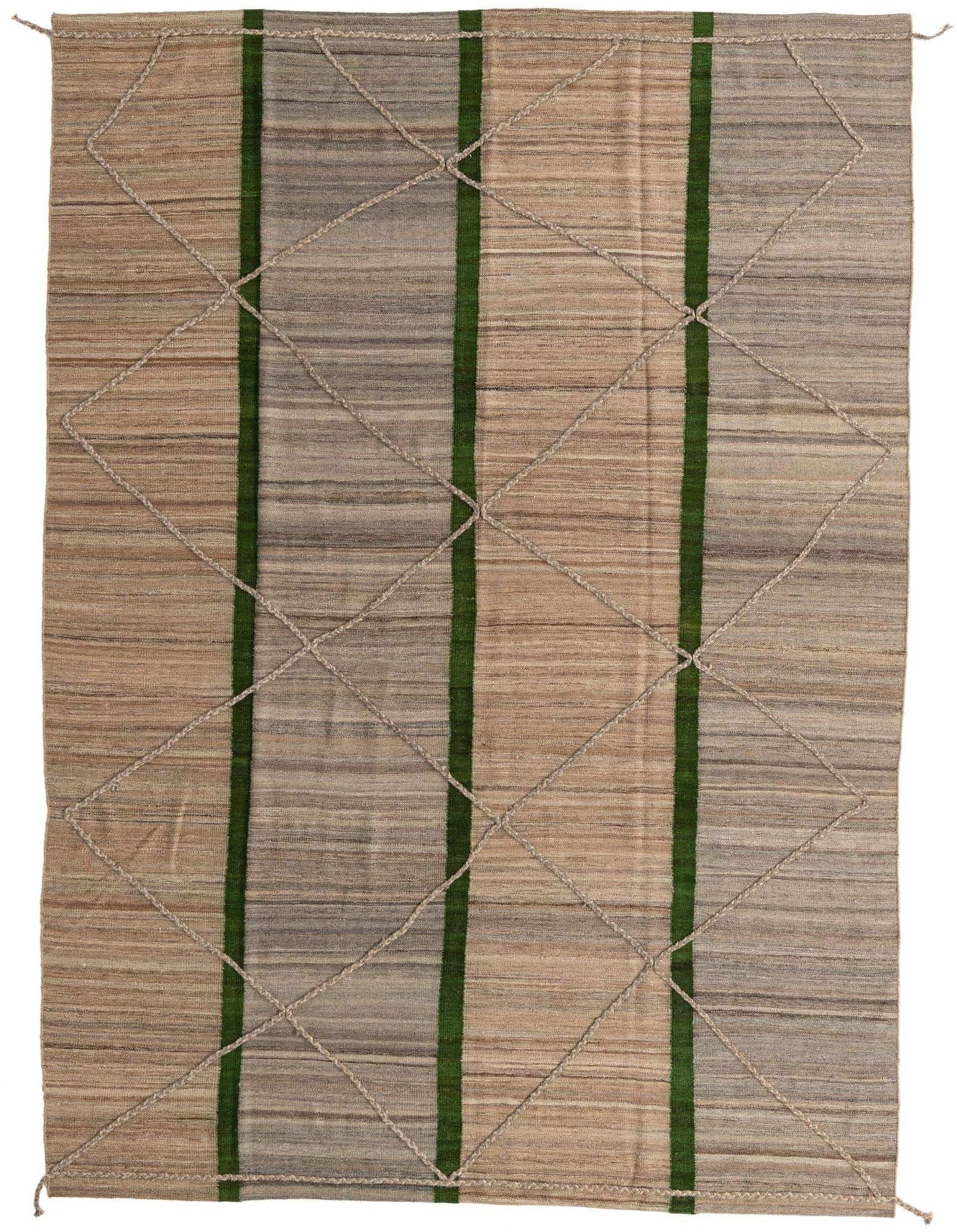 8x11 rectangular Kilim Modern rug with brown and tan stripes, green vertical bands, and a diamond pattern created by braided ropes.