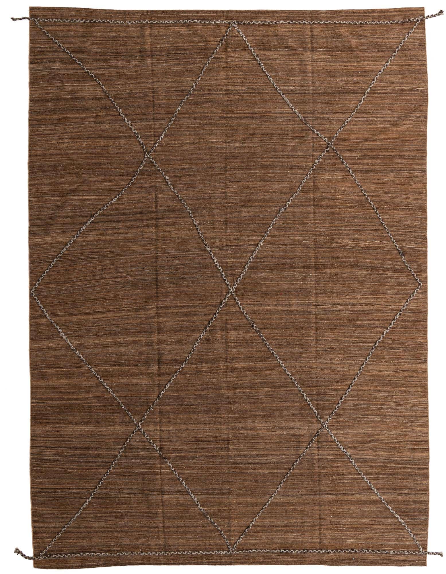 A 10x13 rectangular brown wool flatweave rug with a subtle tribal diamond pattern.
