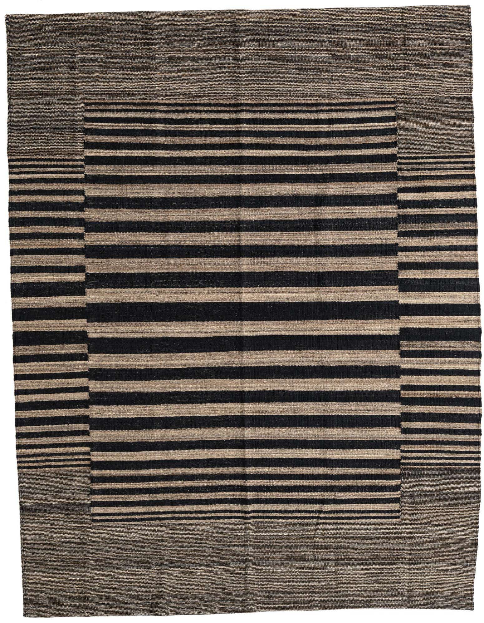 A 6x9 rectangular Kilim Modern rug with a flatweave, featuring a bold black and tan stripe pattern.