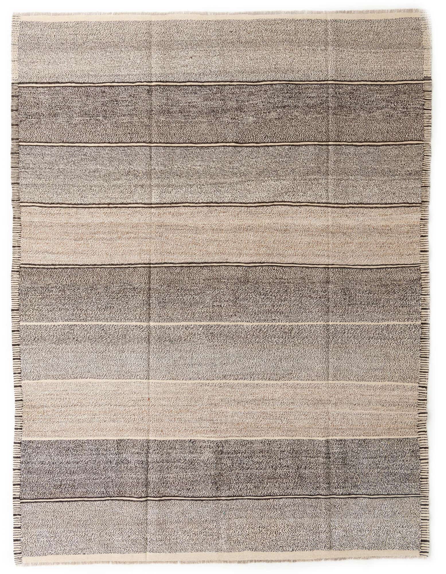 An 8x10 rectangular flatweave wool rug featuring horizontal stripes in varying shades of brown and tan.