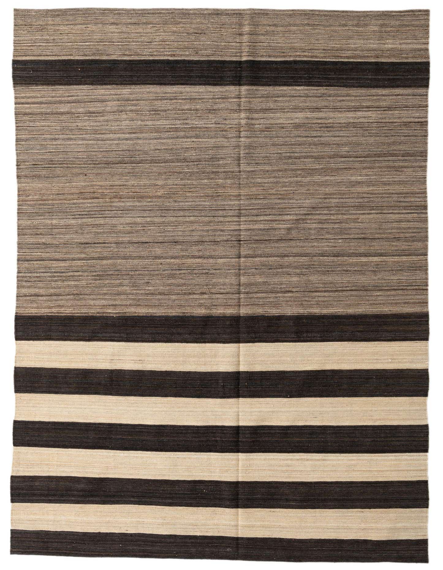 A 6x9 rectangular Kilim Modern rug with a flatweave, featuring horizontal stripes in varying shades of brown and tan.