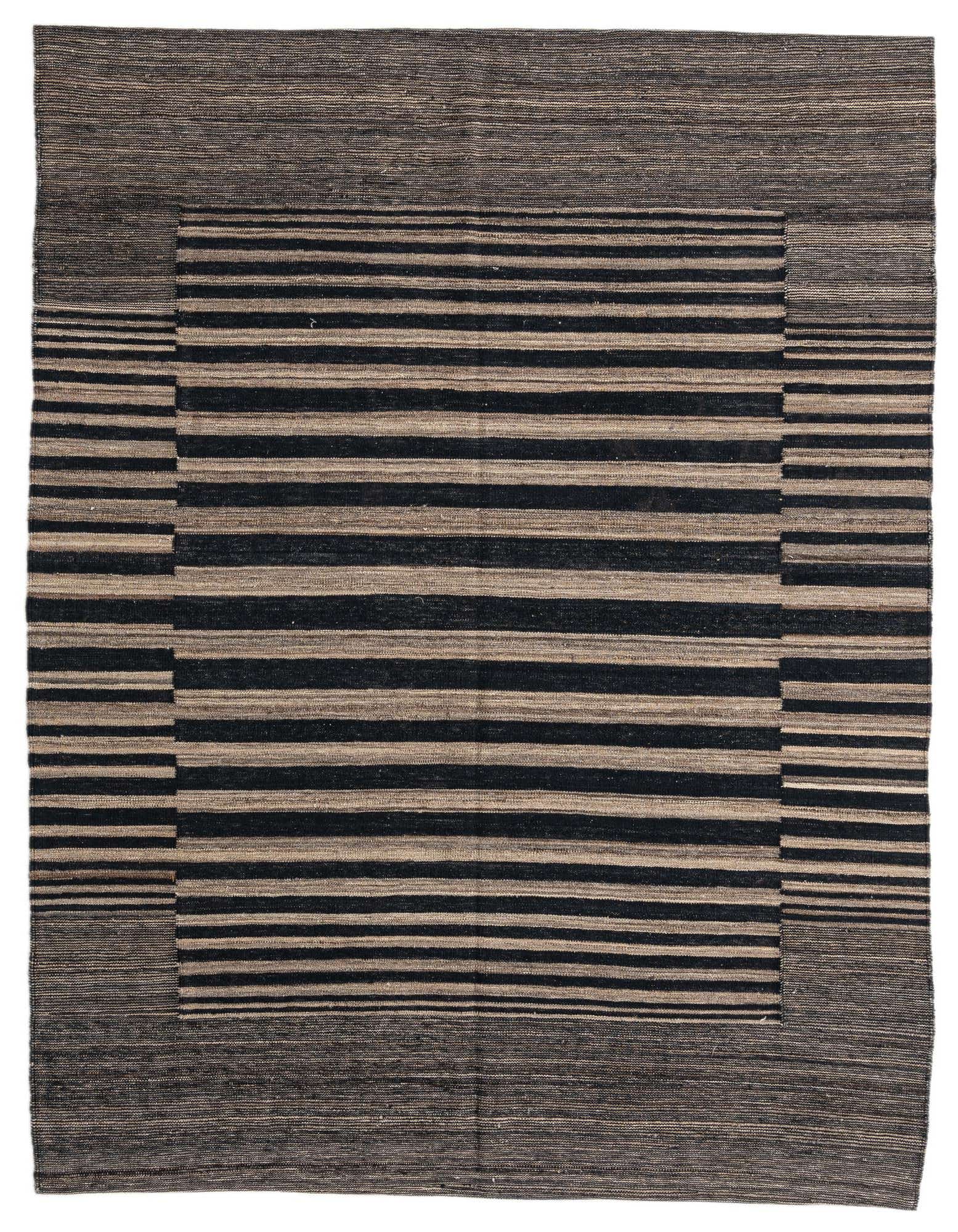 A 6x9 rectangular flatweave rug with a tribal stripe pattern in varying shades of brown and tan.