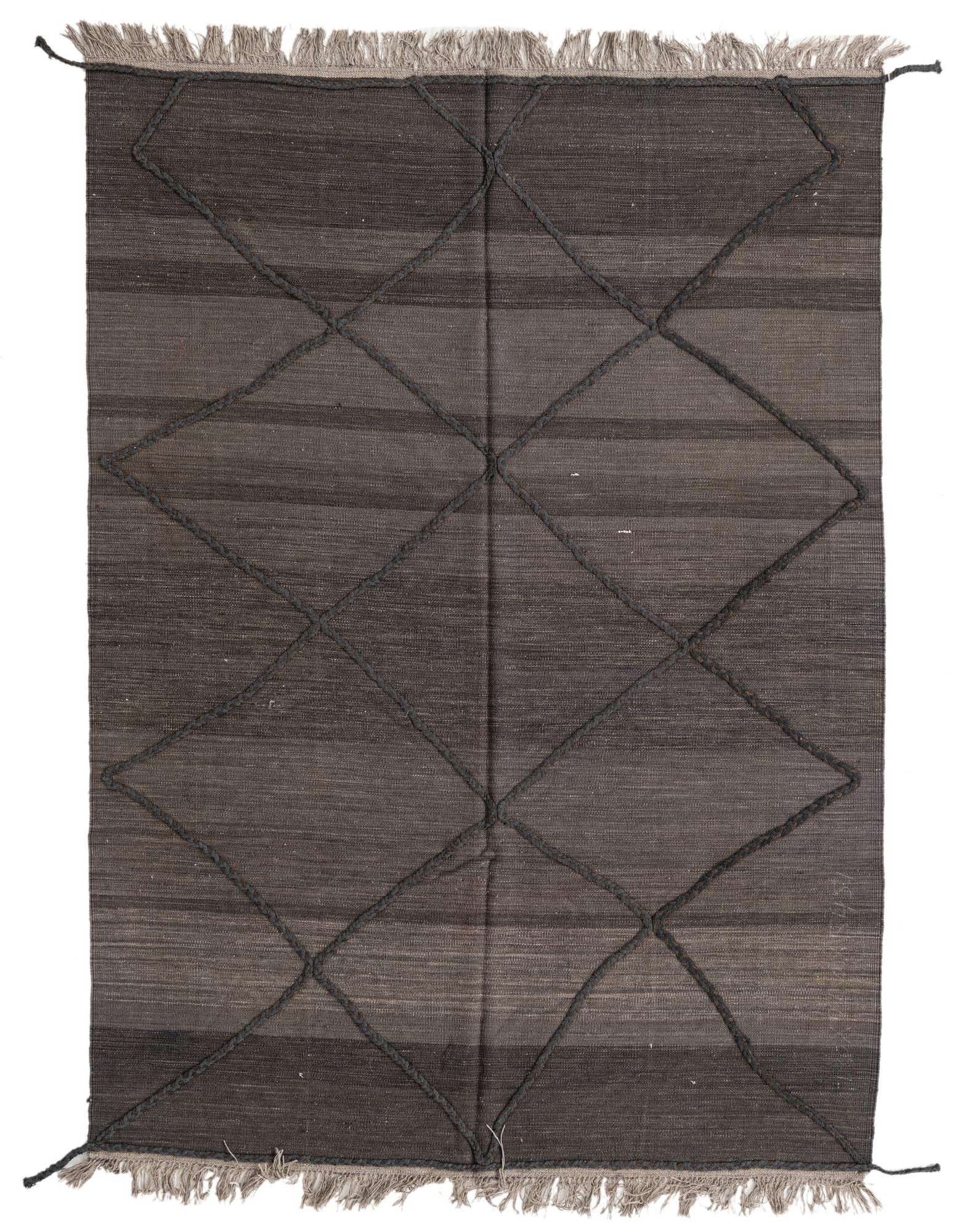 A 5x8 rectangular brown and tan wool flatweave rug with a dark diamond tribal pattern and fringe.